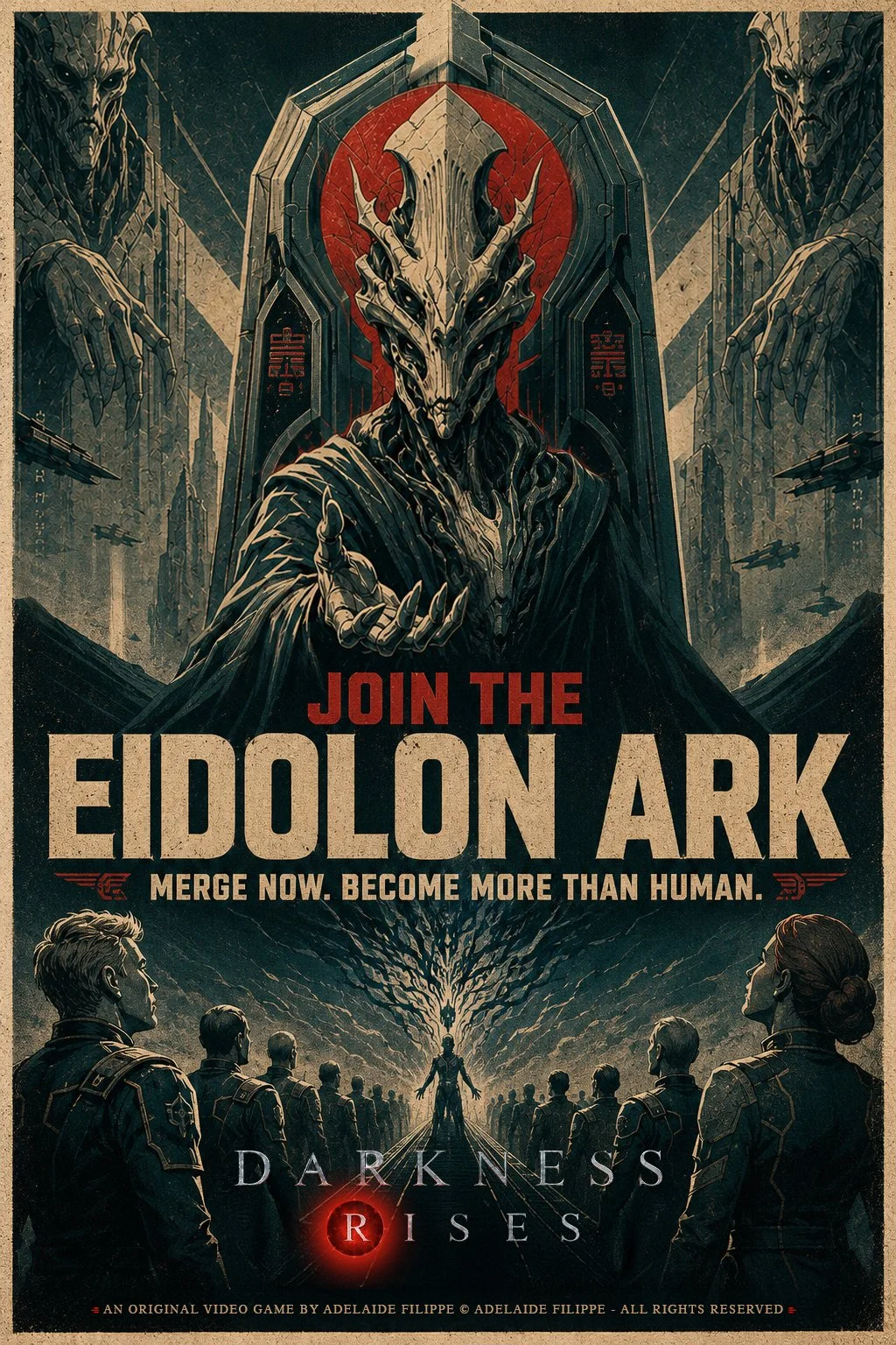 Darkness Rises original science-fiction poster featuring an alien ruler, monumental architecture and figures gathered beneath a dark throne.