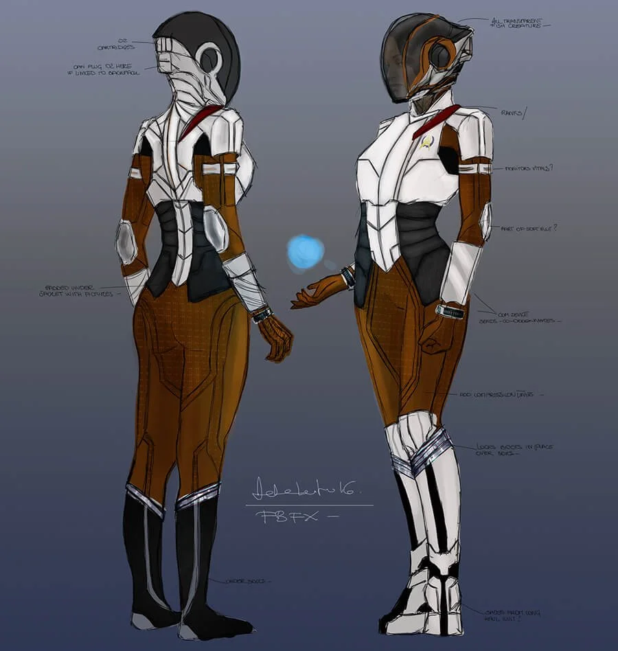 Star Trek: Discovery early colour thumbnail and notes by Adelaide Filippe showing Michael Burnham suit and helmet front and back