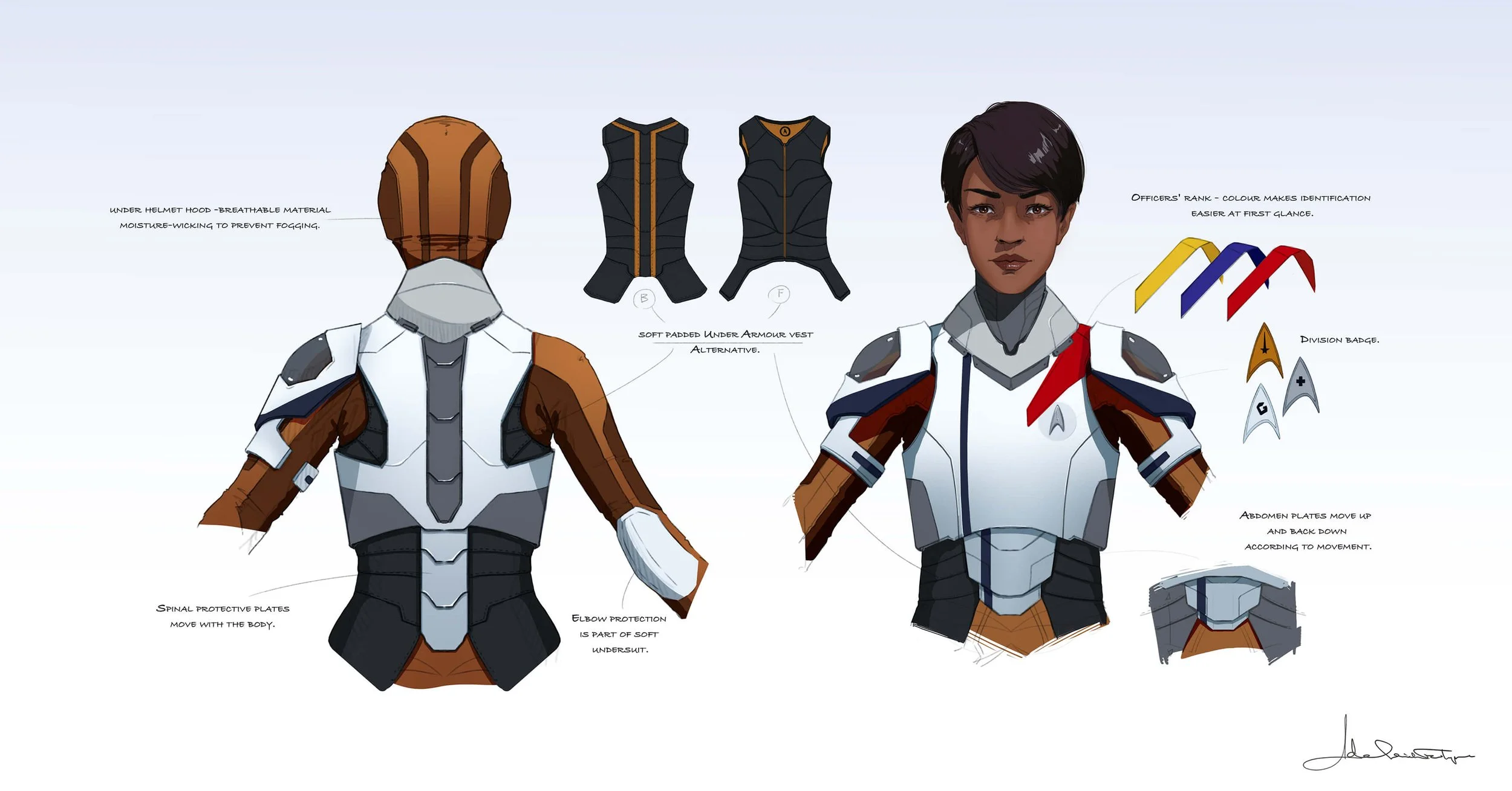 Space armour suit concept design for Star Trek: Discovery by Adelaide Filippe, exploring construction, details and layer costume logic.