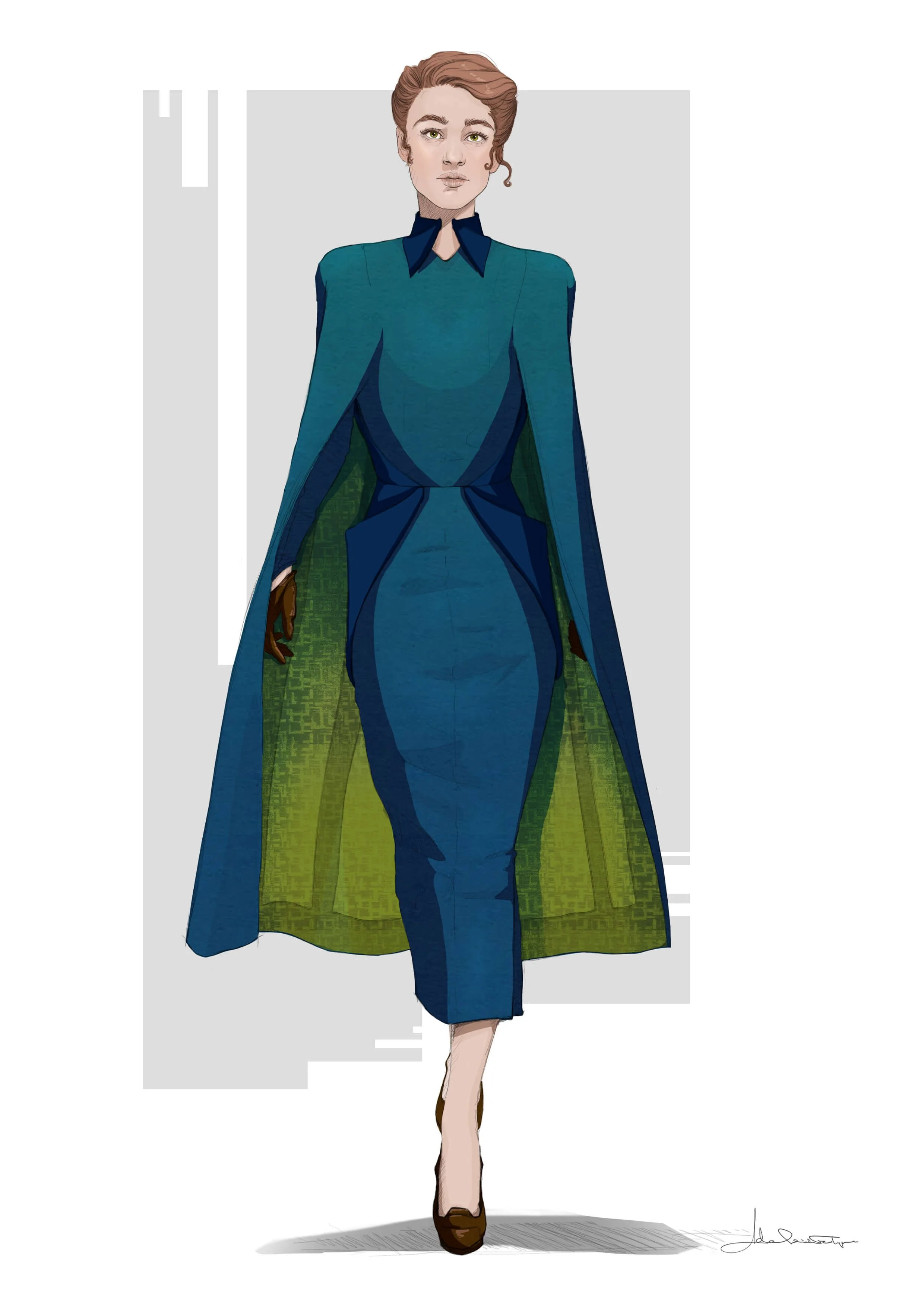 Ghorman girls costume concept art by Adelaide Filippe for Lucasfilm’ Star Wars: Andor on Season 2 showing a blue cape dress with green lining.
