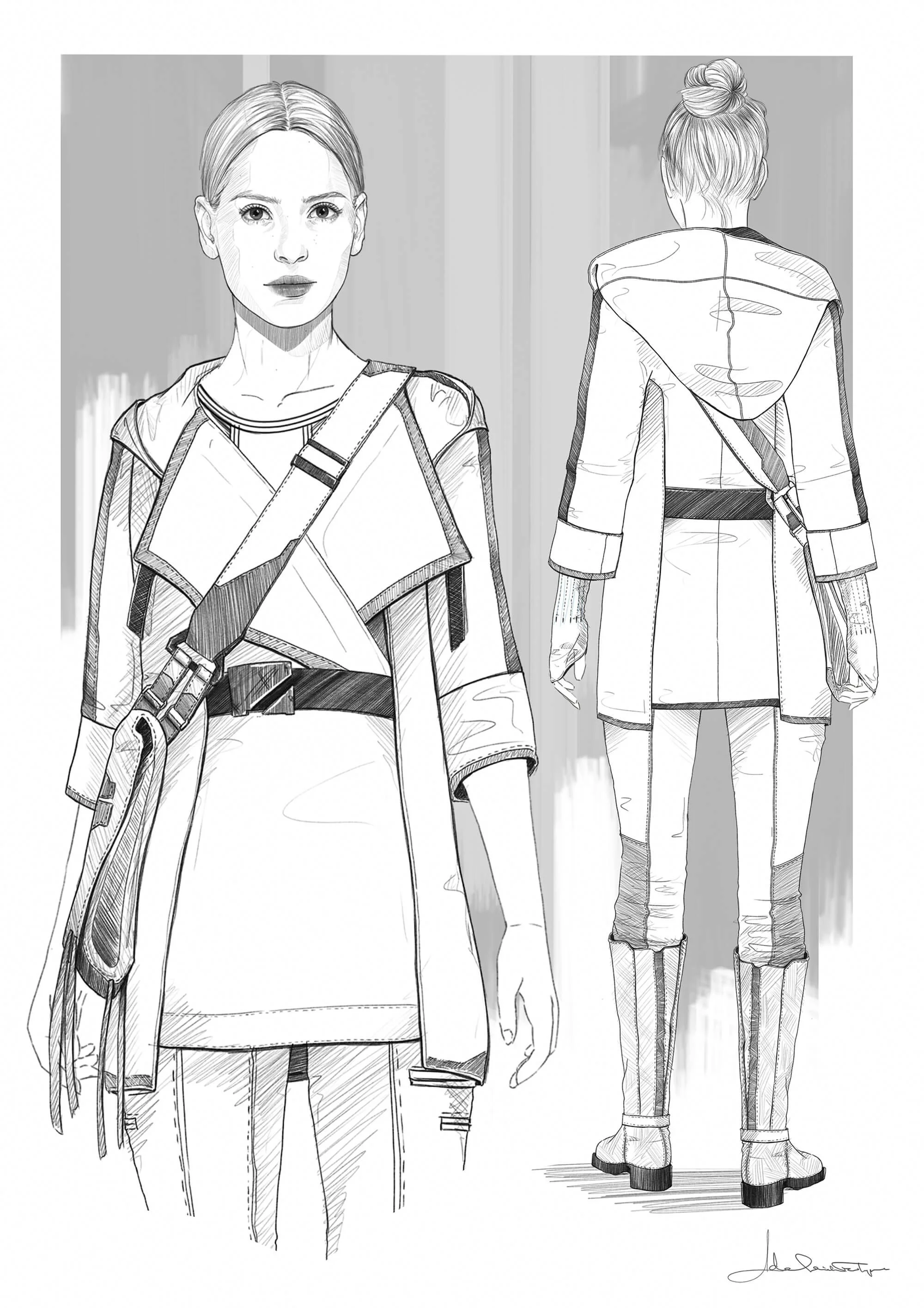 Bix Caleen played by Adria Arjona concept art costume sketch by Adelaide Filippe for Star Wars: Andor exploring a front and back short coat option with a travel messenger bag.