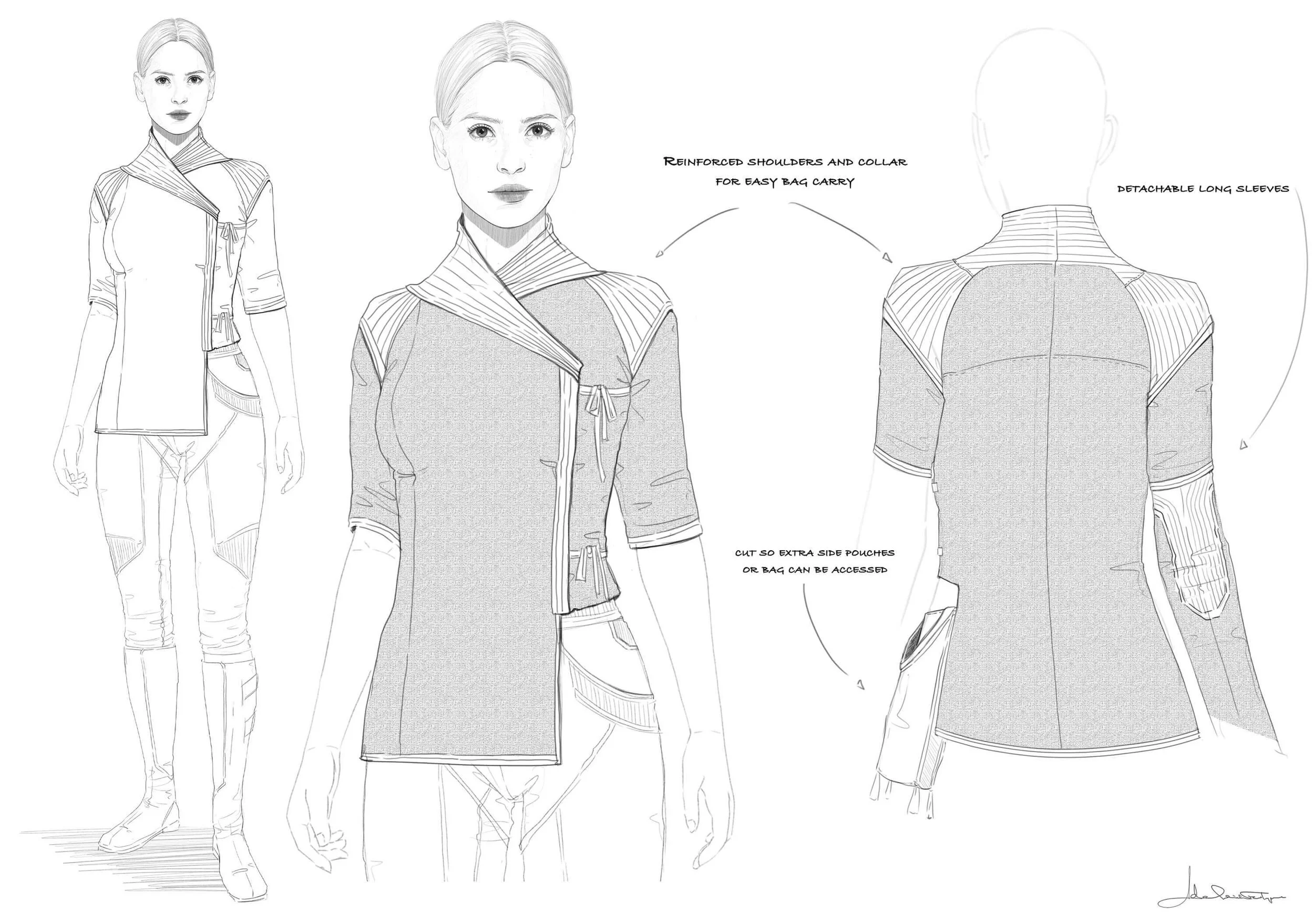Bix Caleen concept sketch by Adelaide Filippe for Star Wars: Andor exploring how a working top would fit together and provide protection as she works, while delivering easy access to her tools.