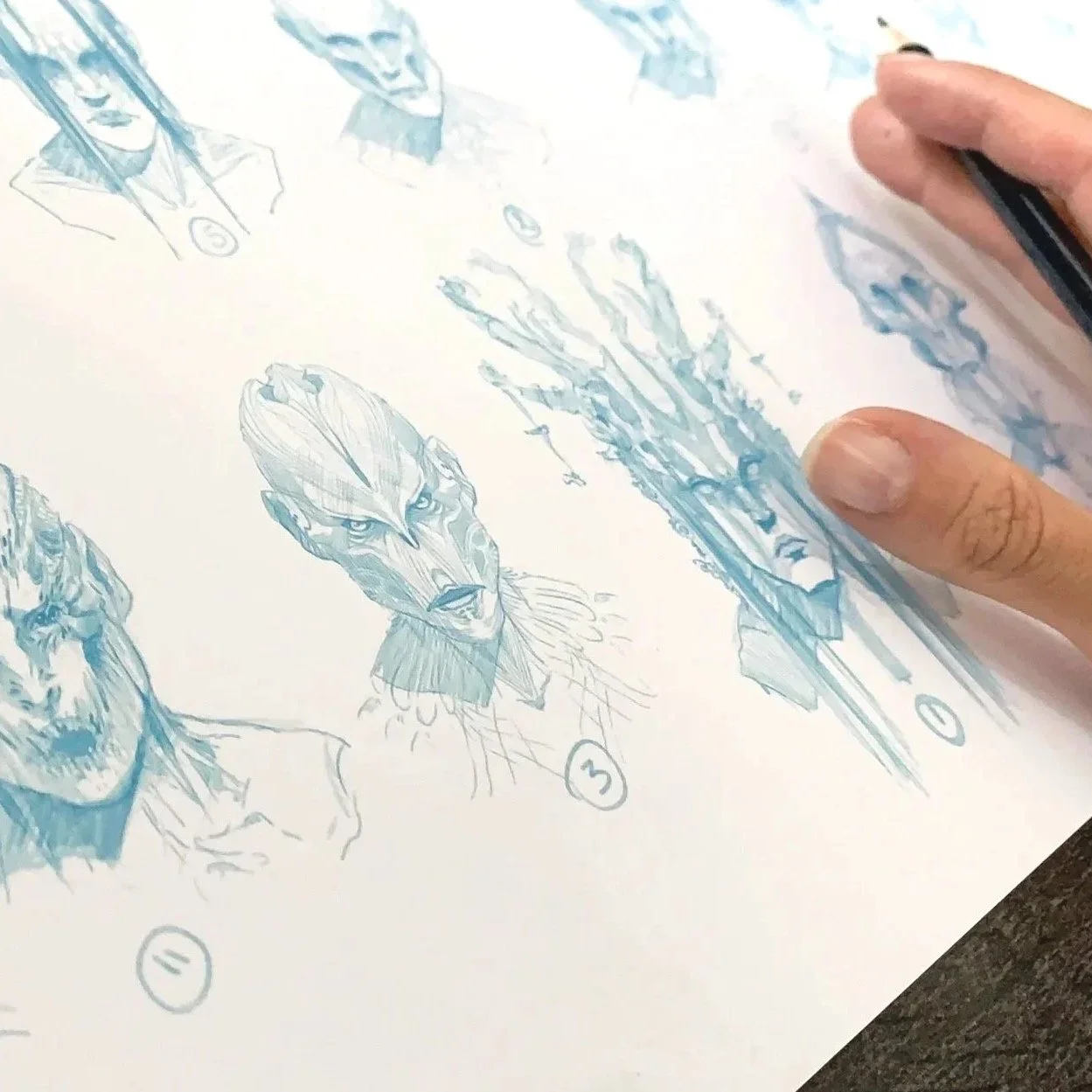 Adelaide Filippe sketching multiple character and creature concepts during early visual development and design exploration.