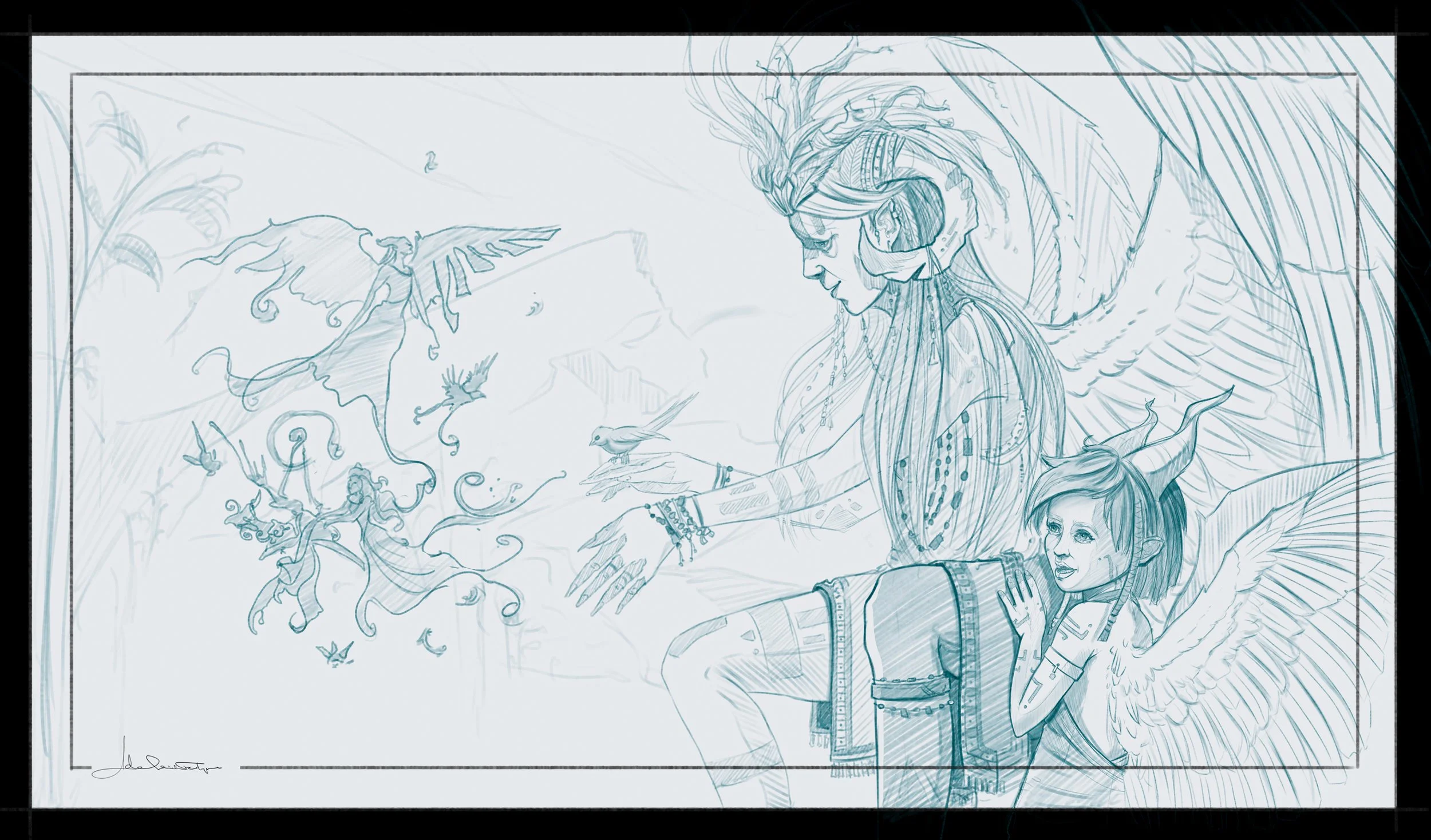 Keyframe concept sketch by Adelaide Filippe for Maleficent: Mistress of Evil, showing a Dark Fey shaman with a winged child summoning the story of Maleficent, her raven and Aurora in a magical forest scene.