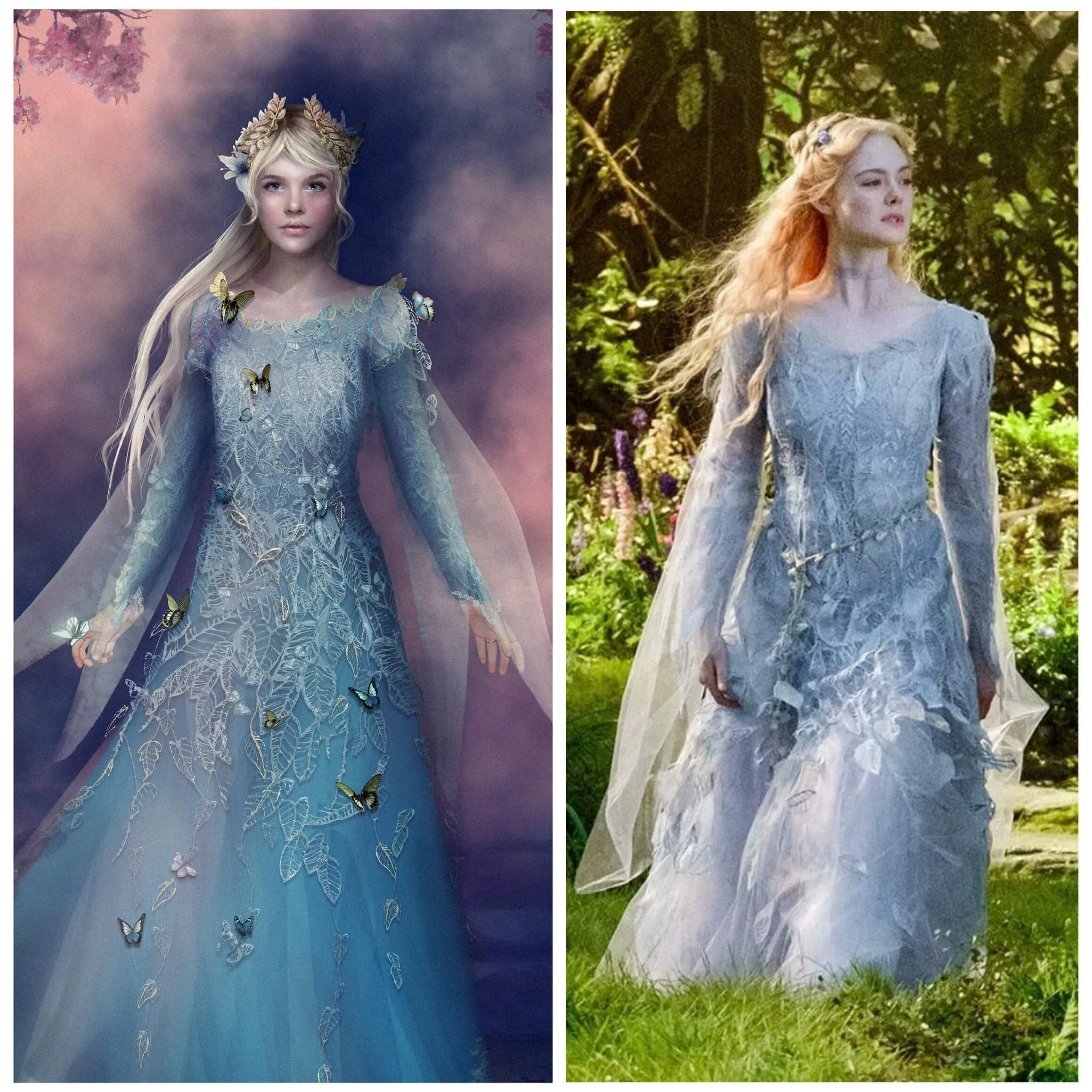 Aurora blue dress concept art by Adelaide Filippe beside the finished costume in Maleficent: Mistress of Evil.