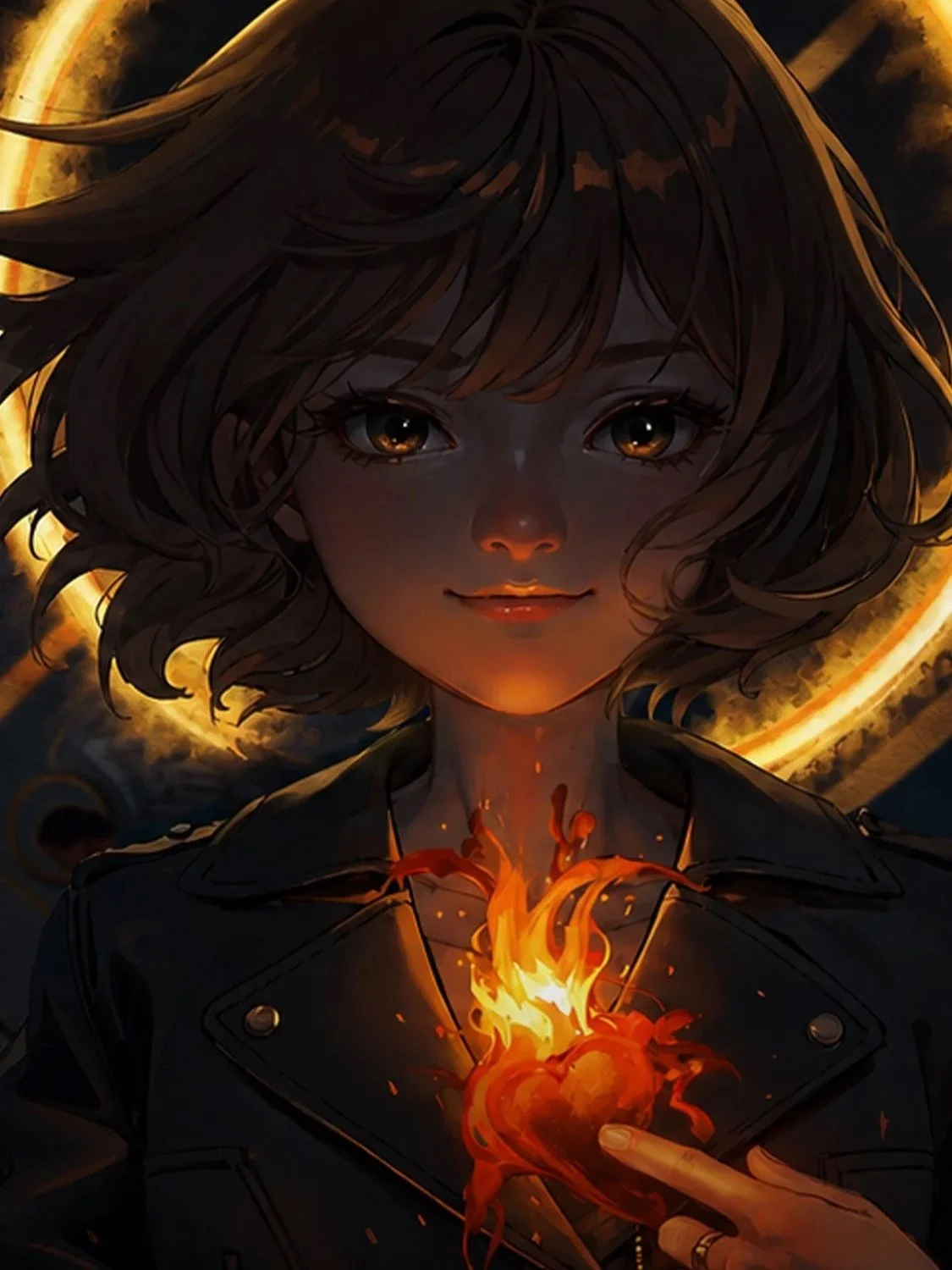 A woman with short, wavy brown hair and glowing brown eyes holds a fiery heart-shaped object emitting flames close to her chest. She wears a dark jacket and is set against a background with glowing gold halo.