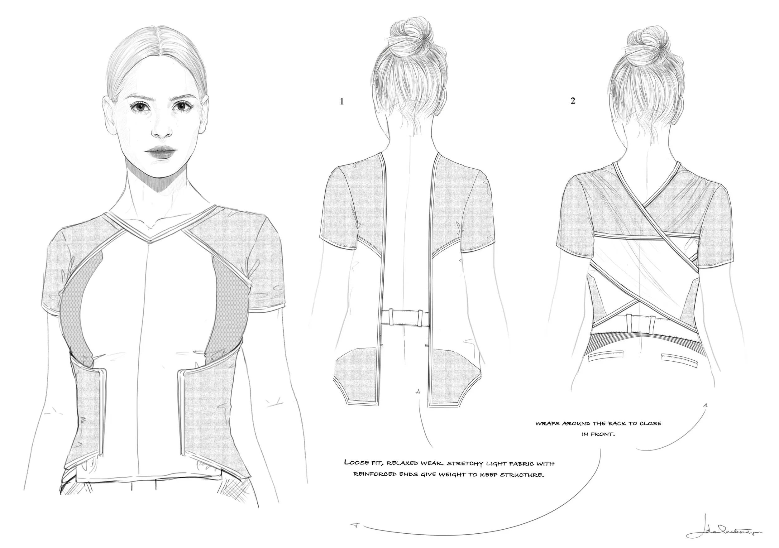 Bix Caleen played by Adria Arjona concept sketch of a travel top by Adelaide Filippe for Star Wars: Andor exploring how the reinforced garment and how it would open and close.
