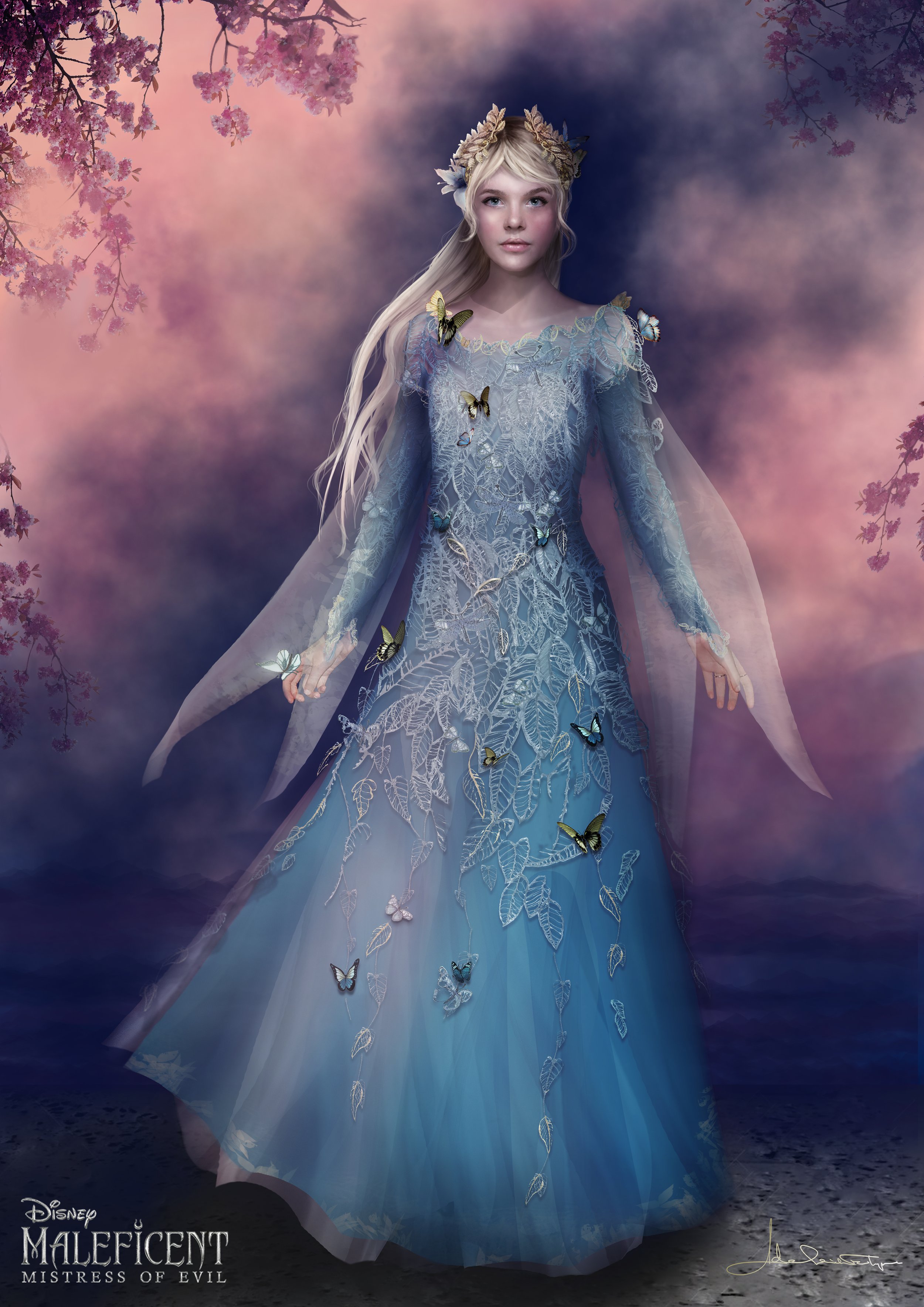 Concept art by Adelaide Filippe for Maleficent: Mistress of Evil, showing princess Aurora in her blue embroidered dress as Queen of the Moors, with butterflies, sheer sleeves, floral crown, in a fantasy atmosphere.