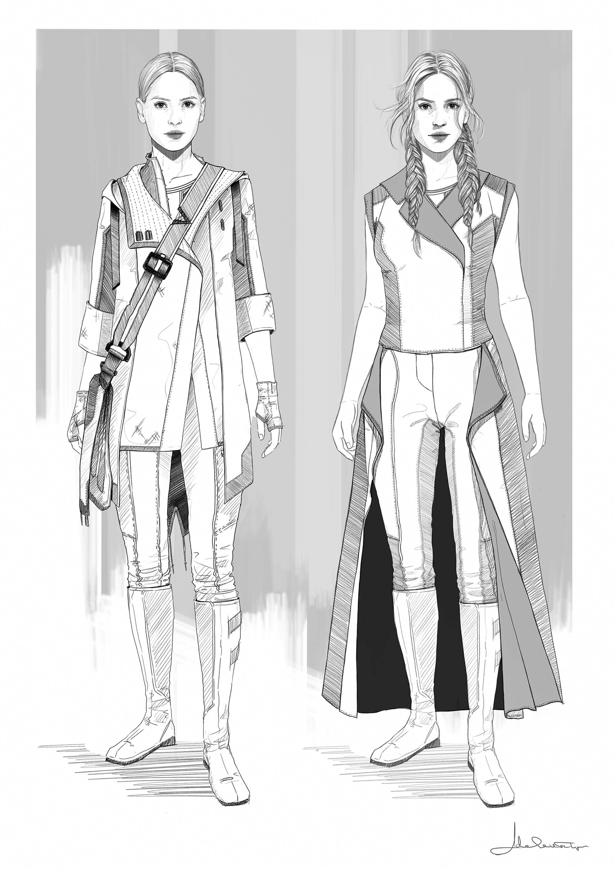 Bix Caleen played by Adria Arjona concept art costume sketch by Adelaide Filippe for Star Wars: Andor exploring long coats options for travel.