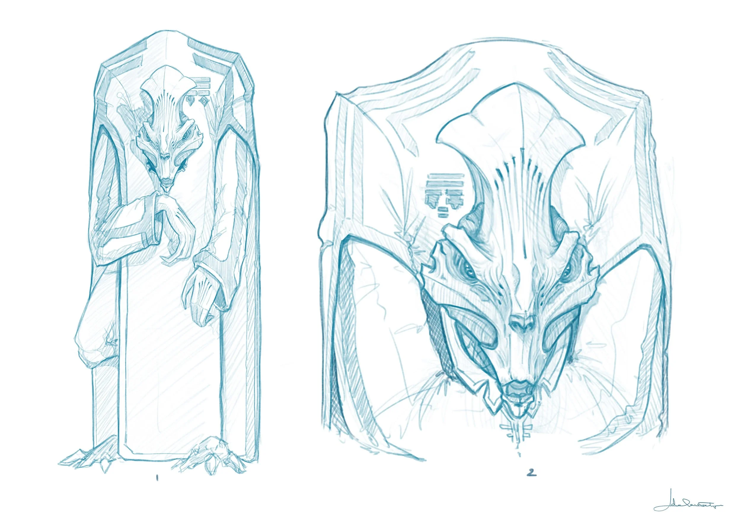 Alien creature concept design by Adelaide Filippe for Darkness Rises, featuring Captain Nox, a towering ship captain with elongated anatomy, sharp facial forms, and exploratory sci-fi uniform sketches showing full-body proportions and head detail.