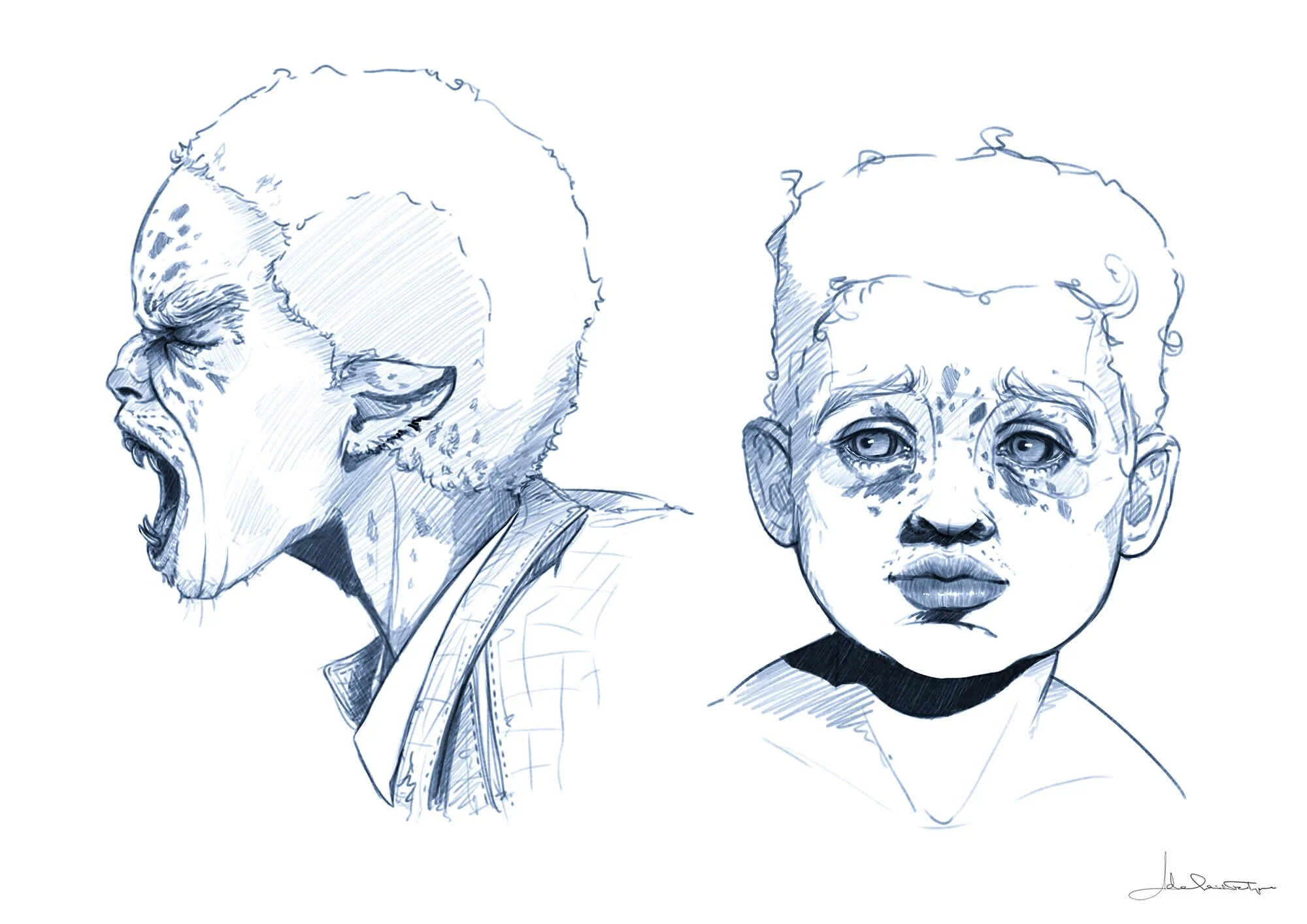 Creature character sketches by Adelaide Filippe for Island of Lost Souls, showing Jamal as a hybrid child with animal ears, facial markings, and expression studies exploring anger and sadness.