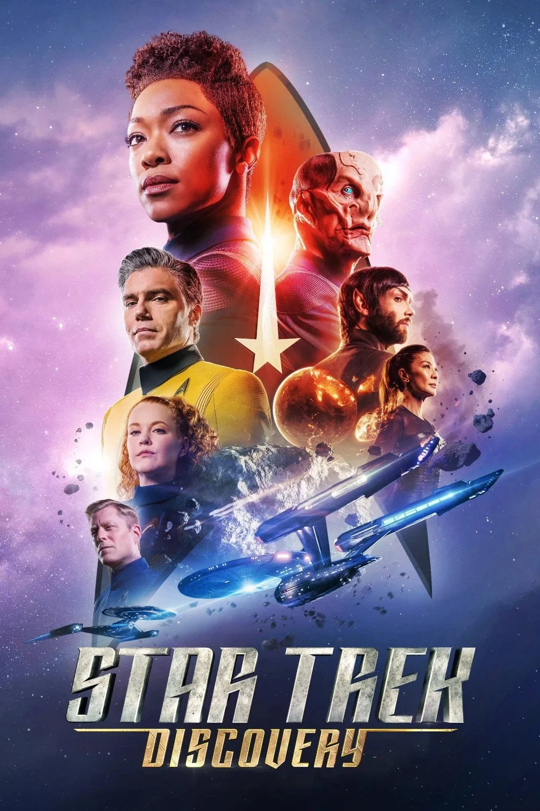 Poster for Star Trek discovery featuring various characters including the alien Saru and first officer Michael Burnham