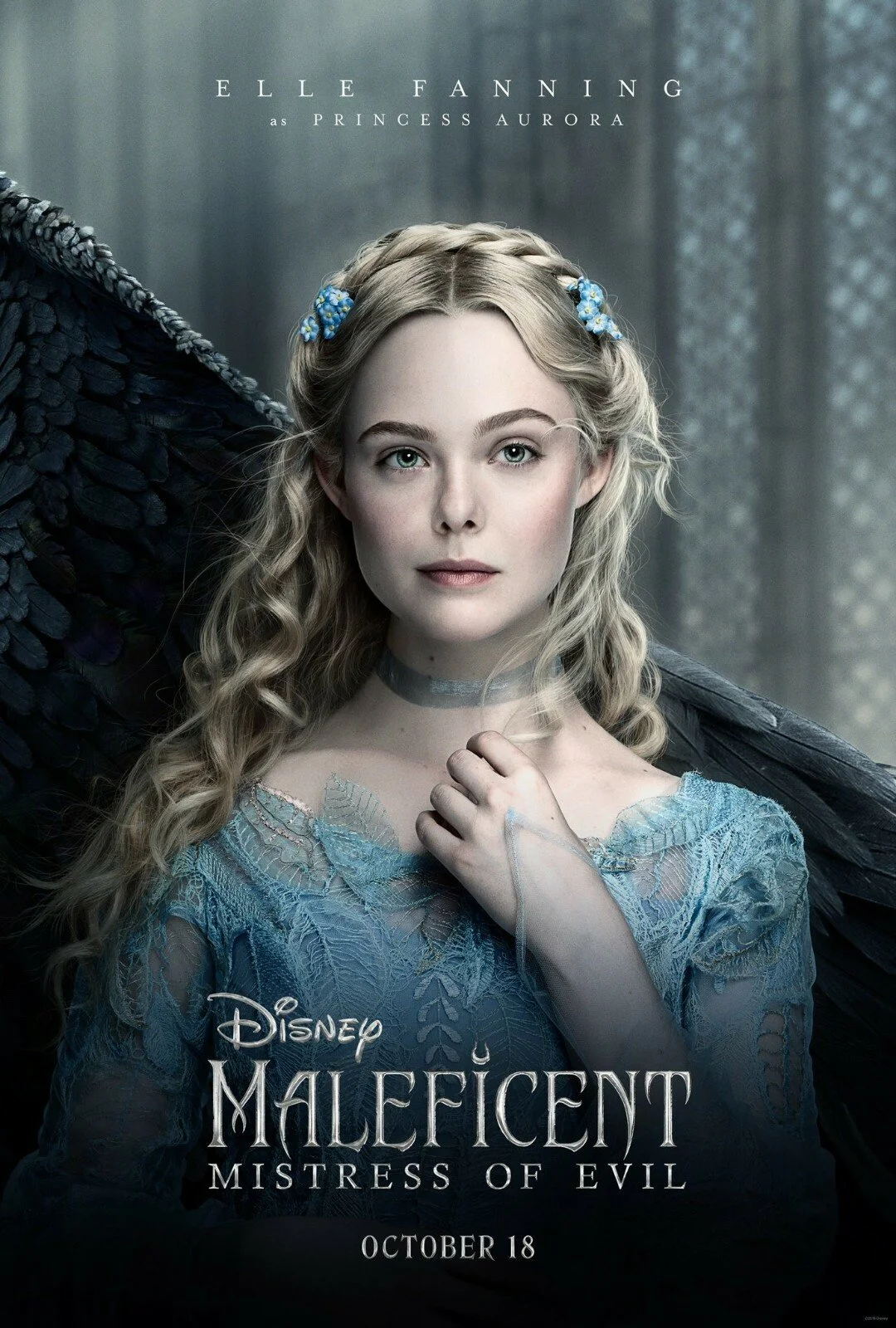 Film poster of Walt Disney Maleficent Mistress of Evil featuring Elle Fanning as Princess Aurora in her Blue princess dress
