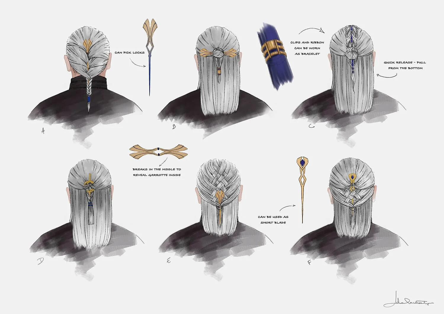 Luthen Rael hair/wig exploration concept colour sketches for Star Wars: Andor by Adelaide Filippe for Hair and Makeup department head Emma Scott, exploring how the character’s wig could hide tools or small weapons.