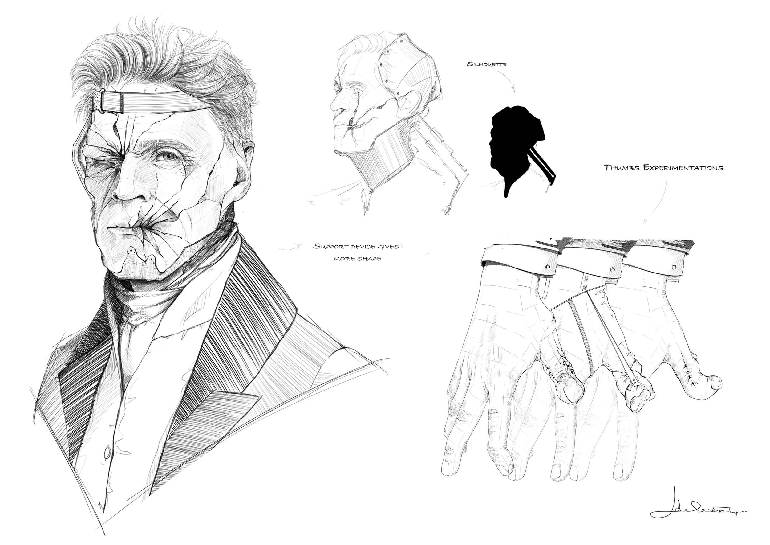 Dr Baxter played by Willem Dafoe concept sketches by Adelaide Filippe for Poor Things exploring how the character’s facial scarring and possible metal/leather support could be used to play with a strong silhouette.