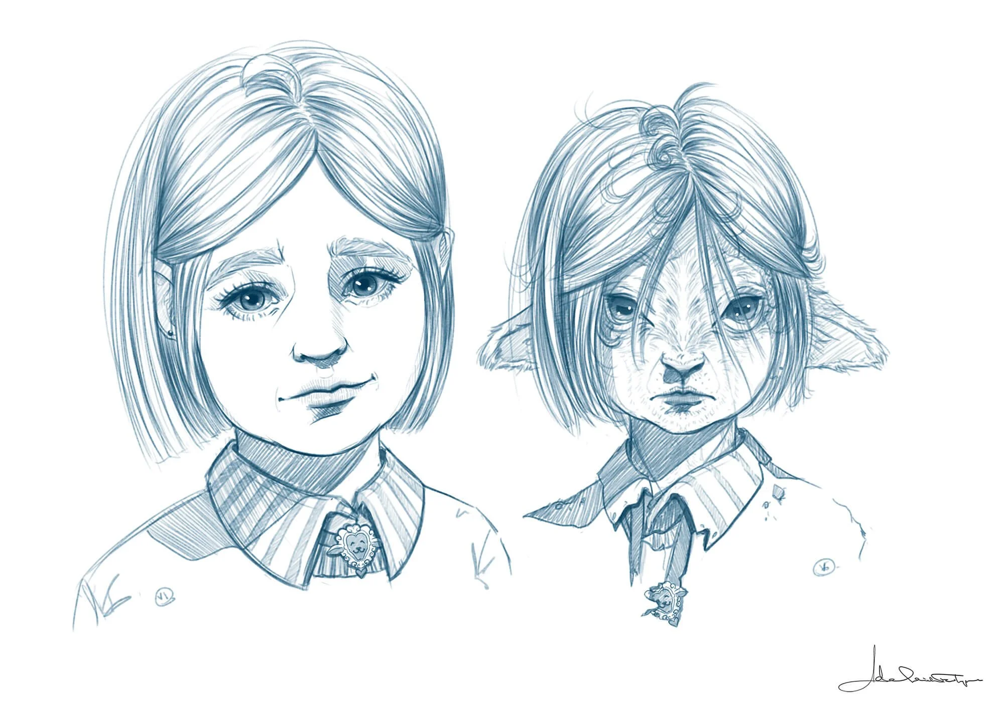 Character design sketches by Adelaide Filippe for Island of Lost Souls, showing Leanna as both a human child and lamb-human hybrid with expressive facial features and costume details.