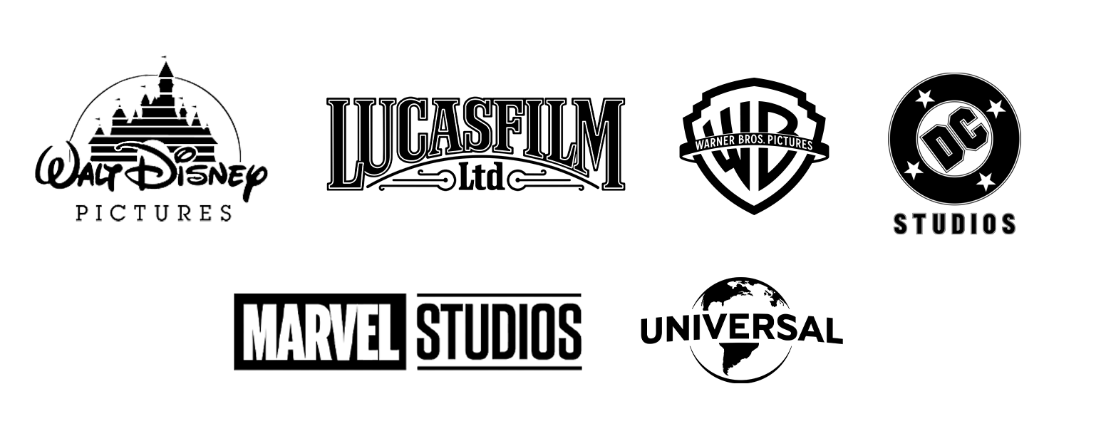 Black Studios logos including Walt Disney pictures, Lucasfilm, Warner Bros, DC, Marvel studios and universal, all clients of Senior concept designer and visual consultant Adelaide Filippe