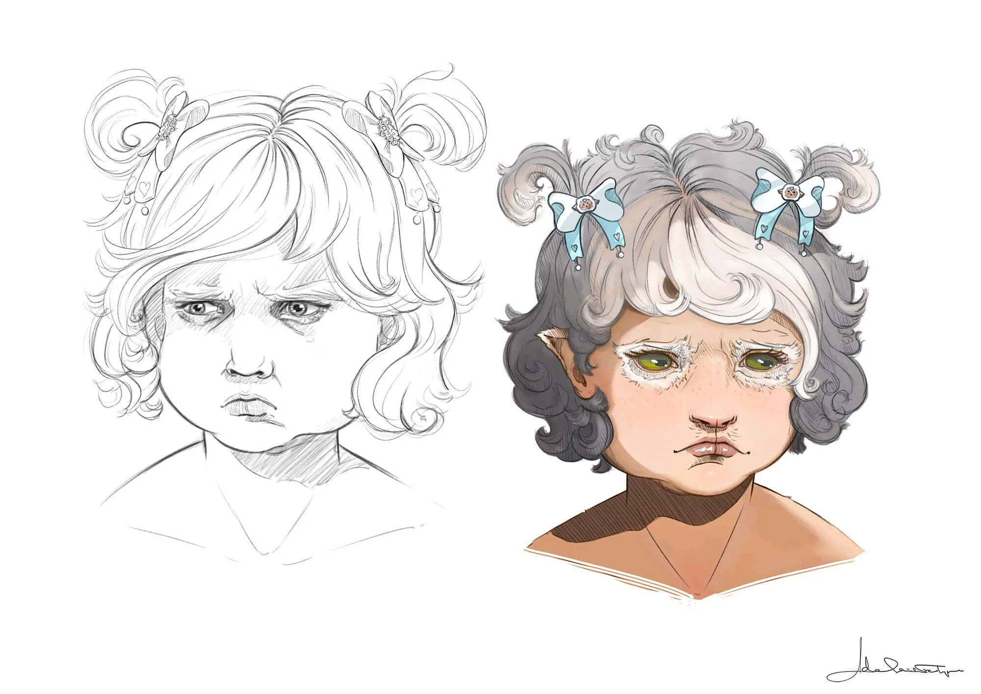Character concept art by Adelaide Filippe for Island of Lost Souls, showing Leanna as a lamb-human hybrid child with curled hair, bow accessories, animal ears, lamb facial features, and an annoyed expression.