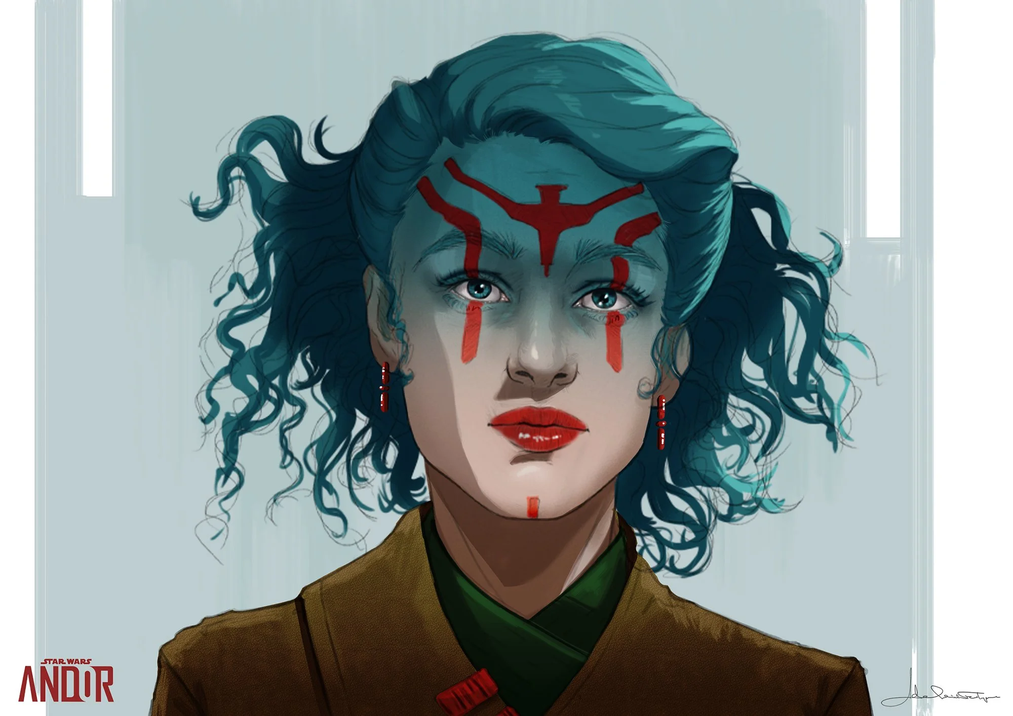 Ghorman humanoid Alien girl portrait illustration by Adelaide Filippe for Star Wars: Andor Season 2 exploring facial markings as possible social elevation, and a wilder hairstyle.