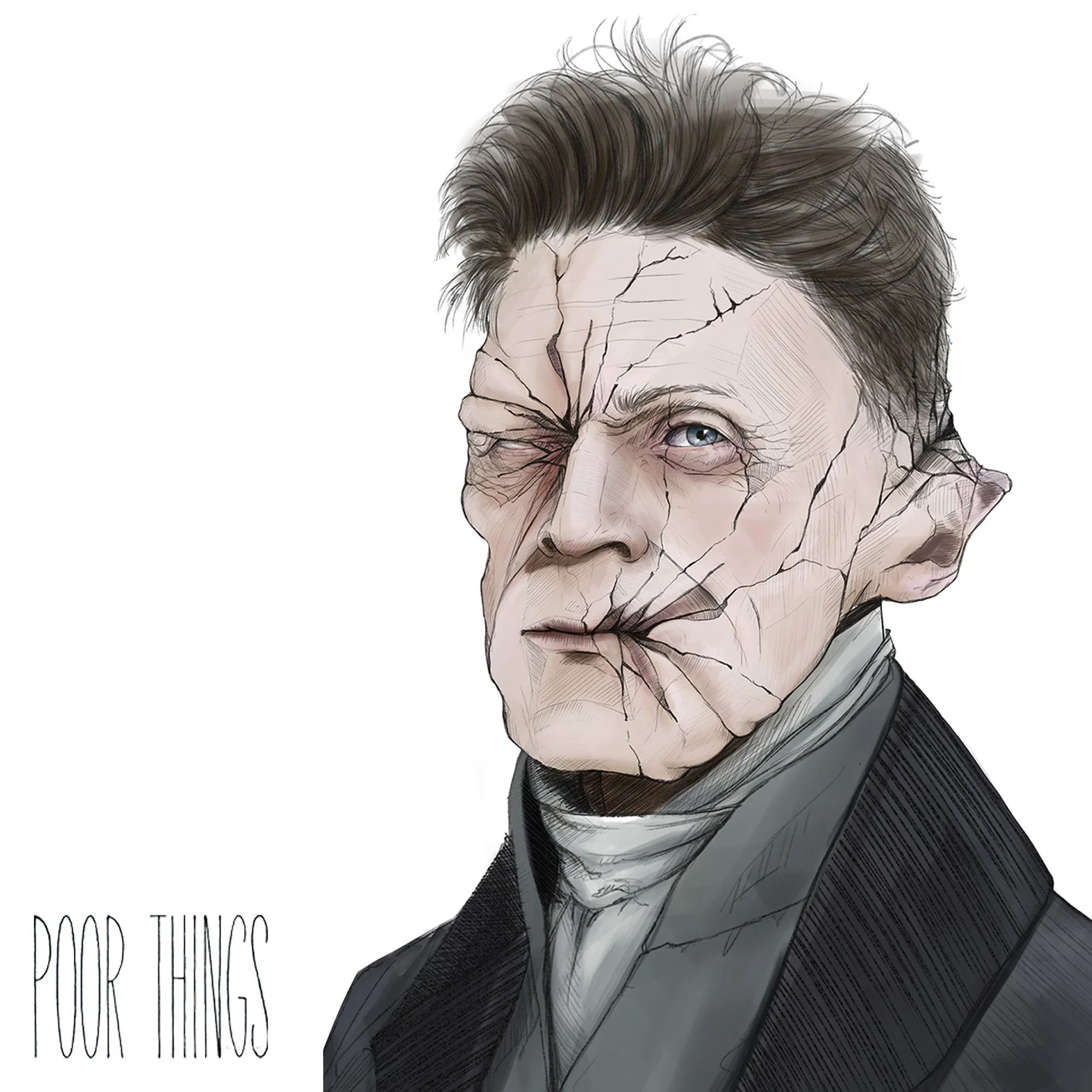 Dr Baxter played by Willem Dafoe coloured concept sketch by Adelaide Filippe for Poor Things exploring how the character’s facial scarring and costume.