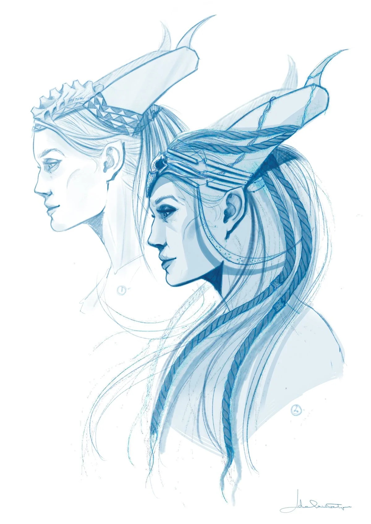 Costume, hair, and crown traditional concept sketch by Adelaide Filippe for Maleficent: Mistress of Evil, showing Maleficent horned headpiece explorations with braided hair and jewellery details.