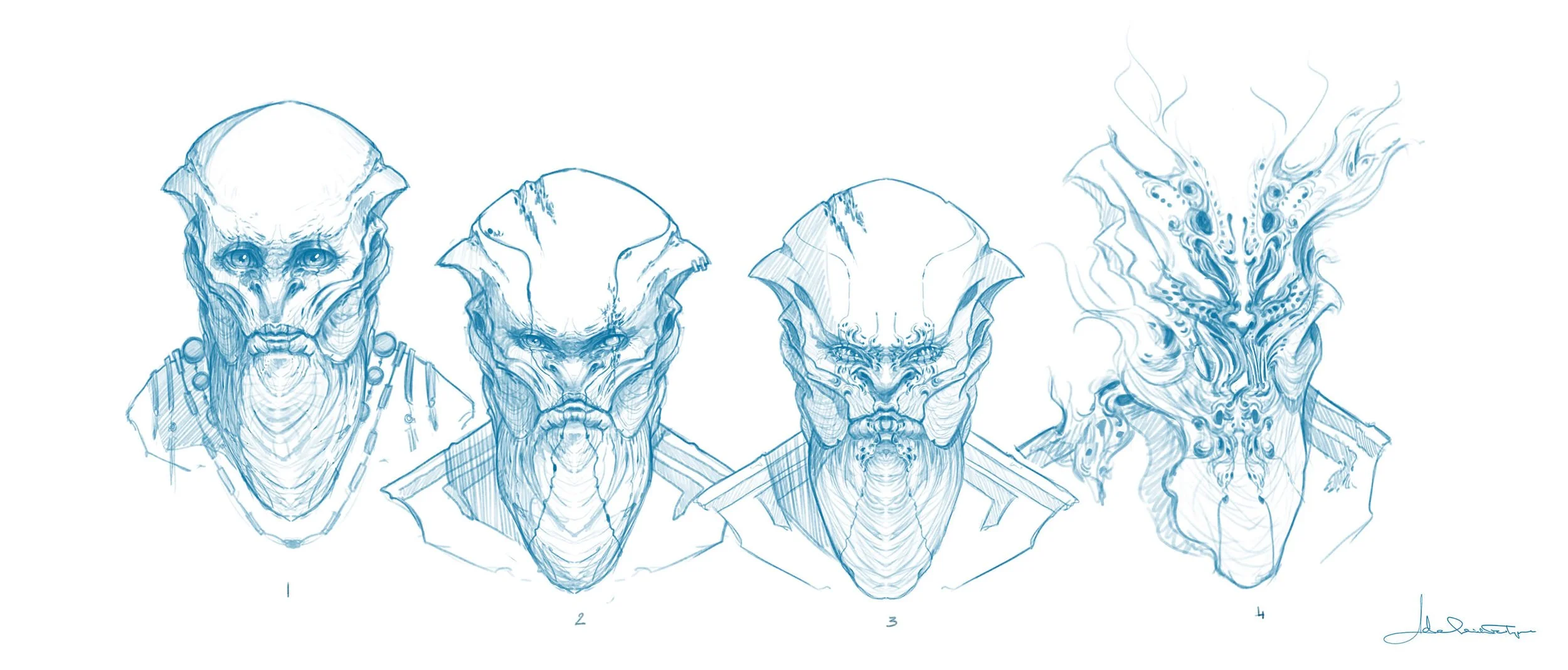 Creature concept art by Adelaide Filippe showing Vaedrix from Darkness Rises, with blue sketch explorations of an alien character’s facial evolution, scarring, and emotional transformation.