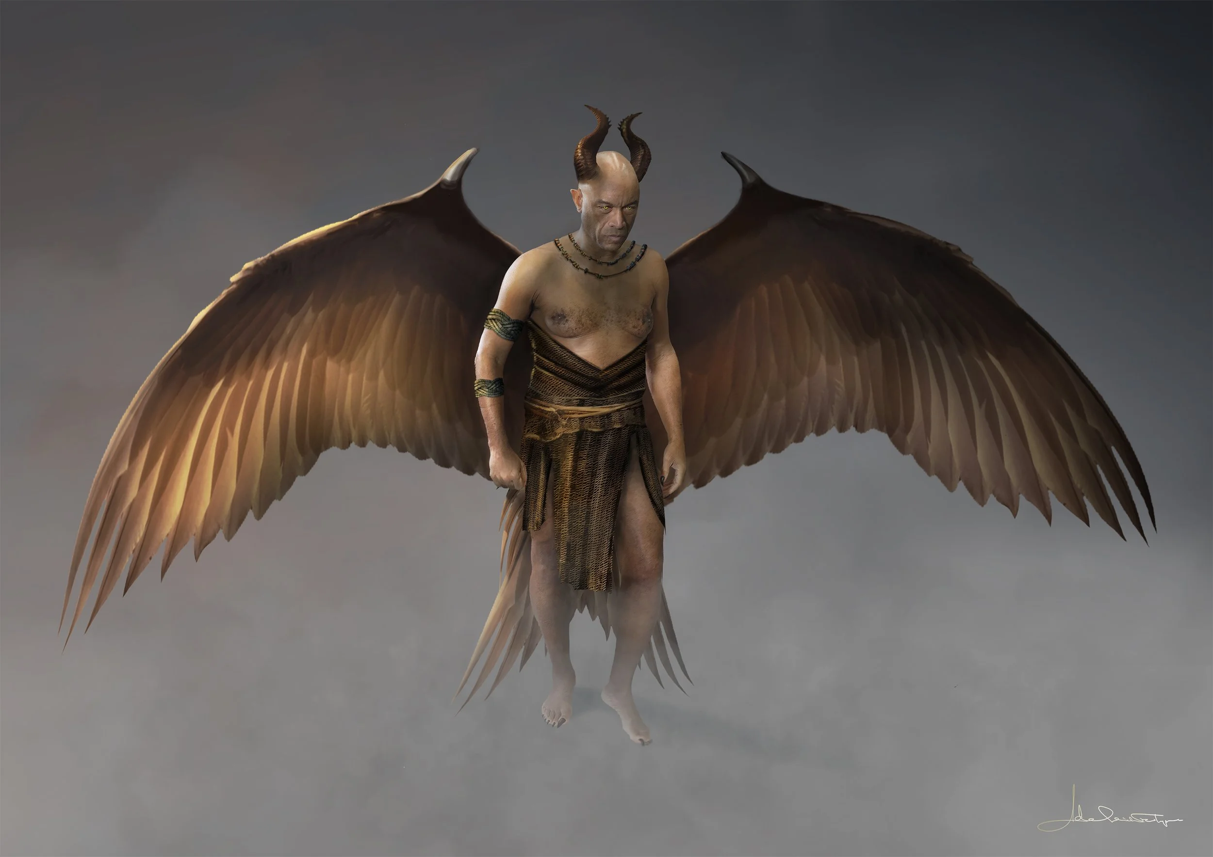 Character concept art by Adelaide Filippe for Maleficent: Mistress of Evil, showing a male Dark Fey forest warrior with horns, large brown wings, woven costume details, and creature-inspired fantasy design.
