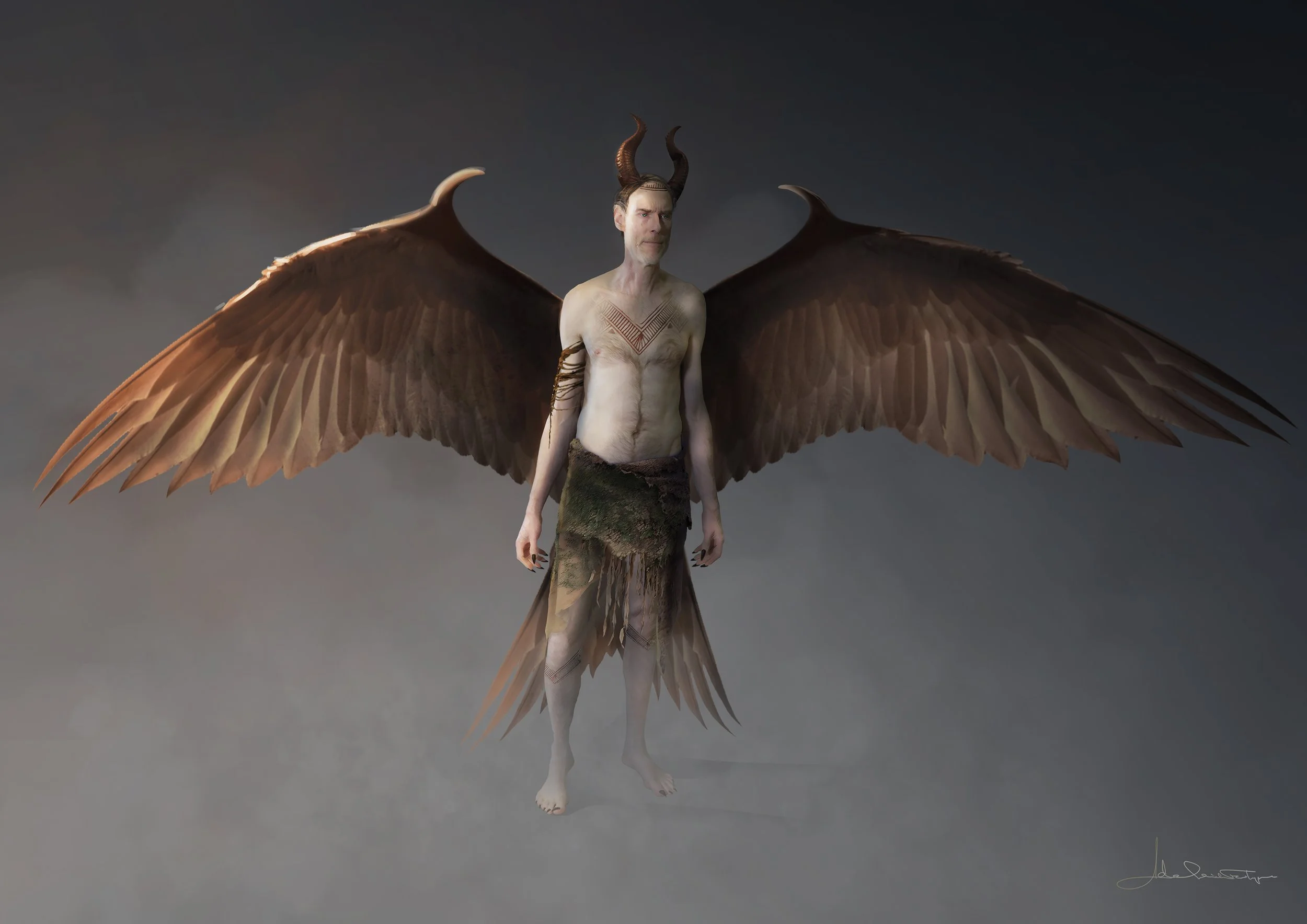 Character concept art by Adelaide Filippe for Maleficent: Mistress of Evil, showing a male Dark Fey forest elder with large brown wings, horns, body markings, and nature-inspired costume design.