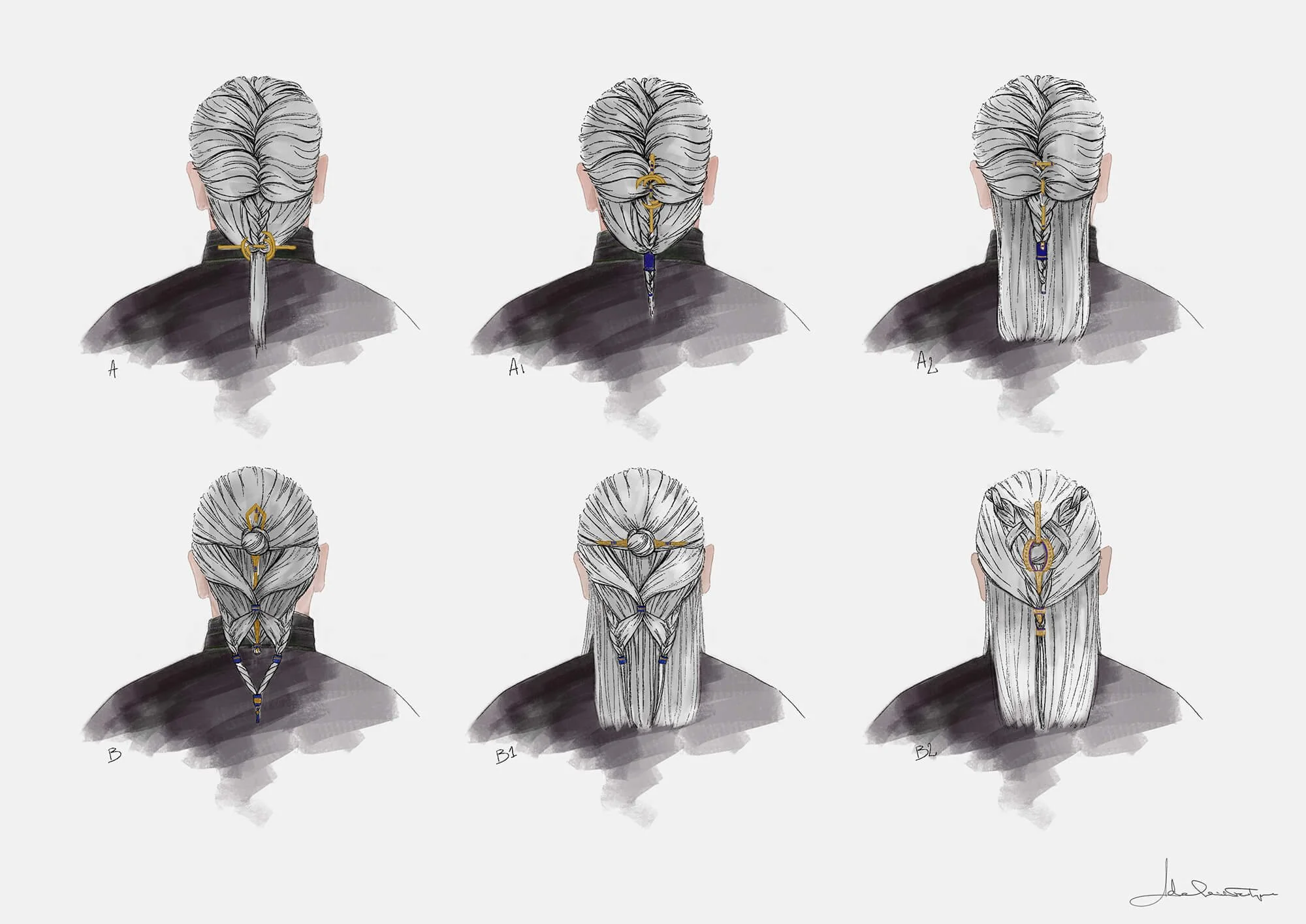 Luthen Rael hair/wig exploration concept art for Star Wars: Andor by Adelaide Filippe for Hair and Makeup department head Emma Scott, exploring various hairstyles for the character’s wig.