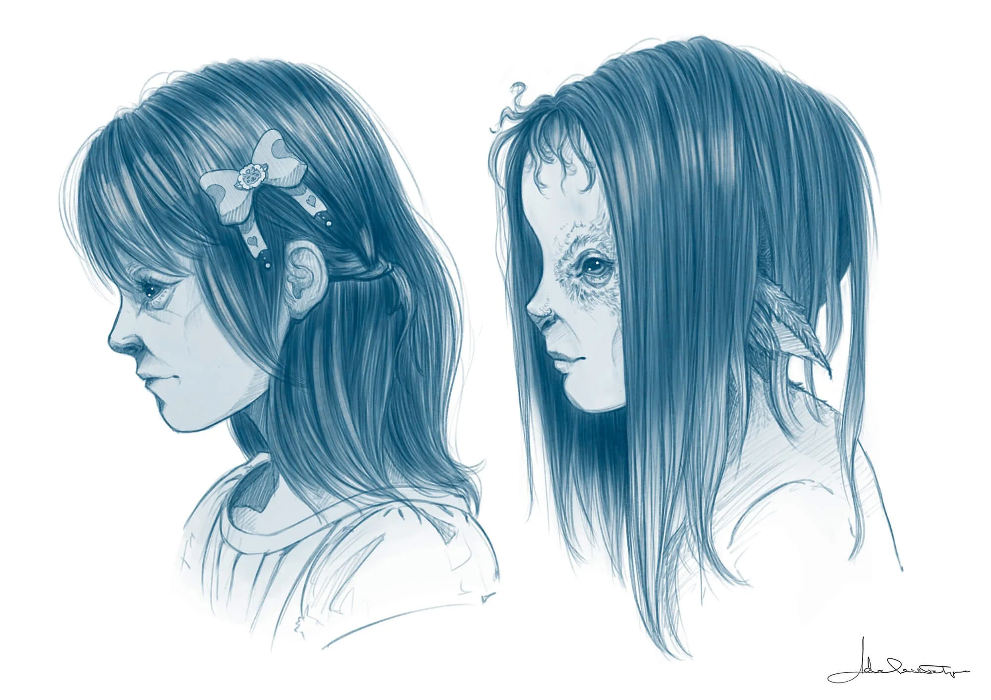 Concept art by Adelaide Filippe for Island of Lost Souls, showing side profile sketches of Leanna with childlike hair accessories and lamb-human hybrid facial transformation details.