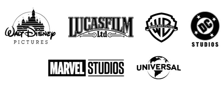 various logos listing Adelaide Filippe's various clients including Walt Disney pictures, Marvel studio, DC, Lucasfilm, Warner Bros and Universal