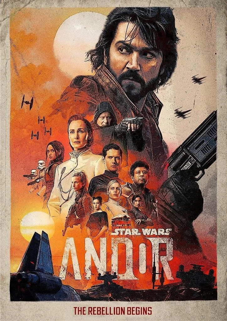 Film poster of Star Wars andor featuring various characters from season 1 and 2 on an epic background