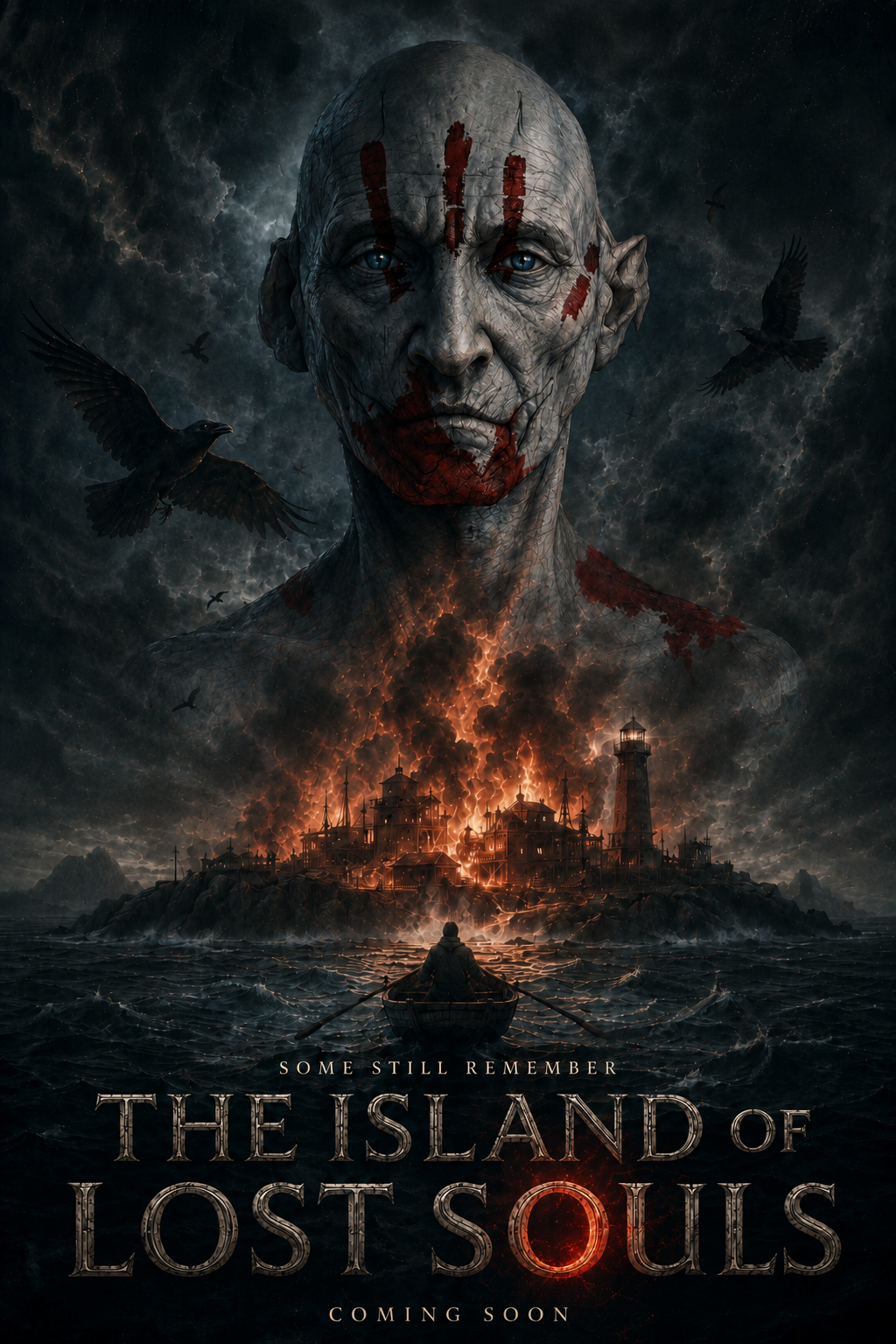 The Island of Lost Souls cinematic poster featuring a scarred humanoid figure above a burning island, stormy sea and circling ravens.