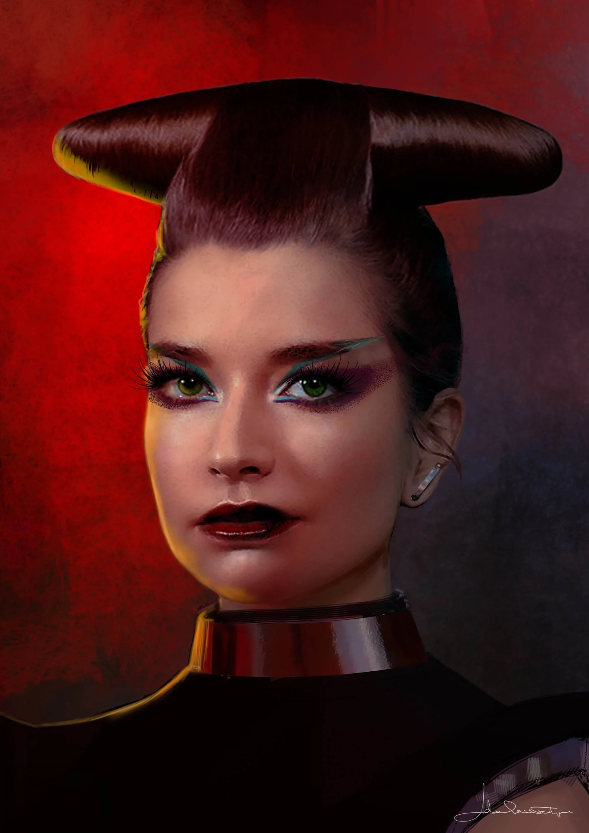 Morlana One hostess hair and makeup concept design for Star Wars: Andor by Adelaide Filippe for Emma Scott at Lucasfilm, exploring cyberpunk/blade runner styles for Margaret Clunie’s character.