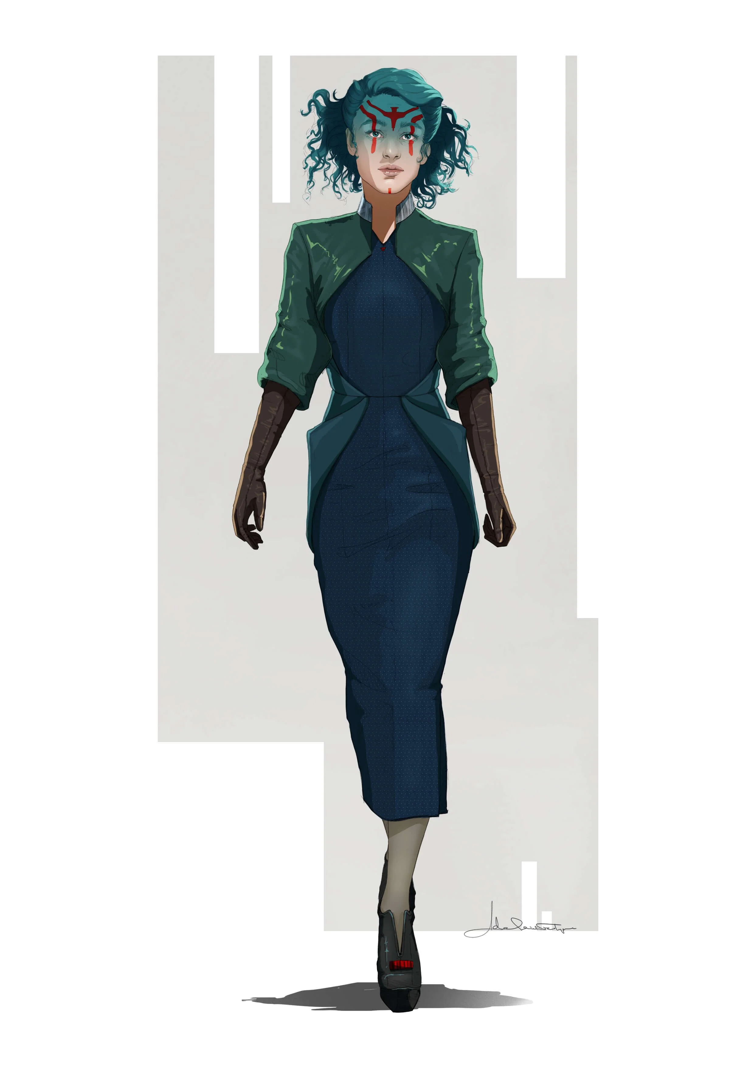 Ghorman humanoid Alien girl costume concept art by Adelaide Filippe for Lucasfilm’ Star Wars: Andor on Season 2 for costume designer Eimer Ní Mhaoldomhnaigh.