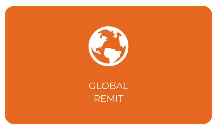 An orange card with a white globe icon and the text 'GLOBAL REMIT' underneath.