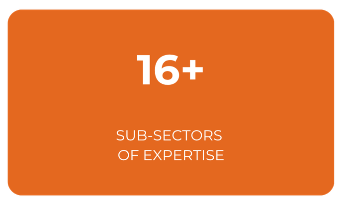 Orange graphic with white text that says "16+" and "Sub-sectors of expertise" underneath.