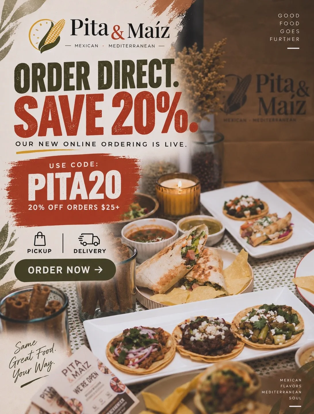 Denver, ordering Pita &amp; Ma&iacute;z just got better. 🌽🫓

Our direct online ordering is officially LIVE &mdash; and we&rsquo;re celebrating with 20% OFF your order!

Use code PITA20 when you spend $25+ and get 20% off.

🚗 Delivery or Pickup &md