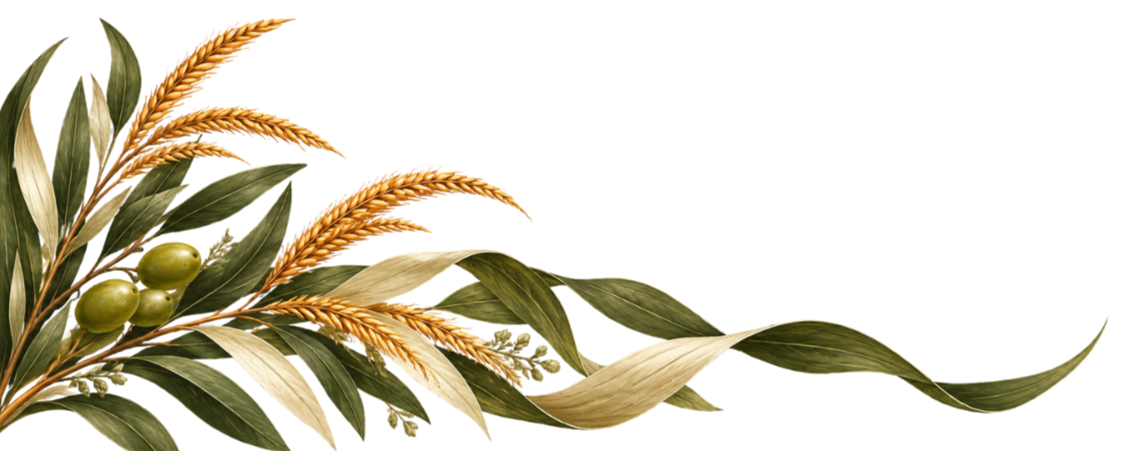 Decorative arrangement of green olives, wheat stalks, and various green and beige leaves.
