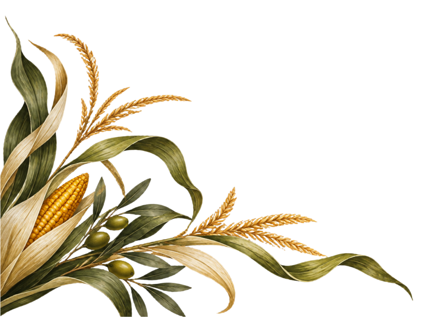 Illustration of dried corn stalks with corn cobs, leaves, and wheat stalks.