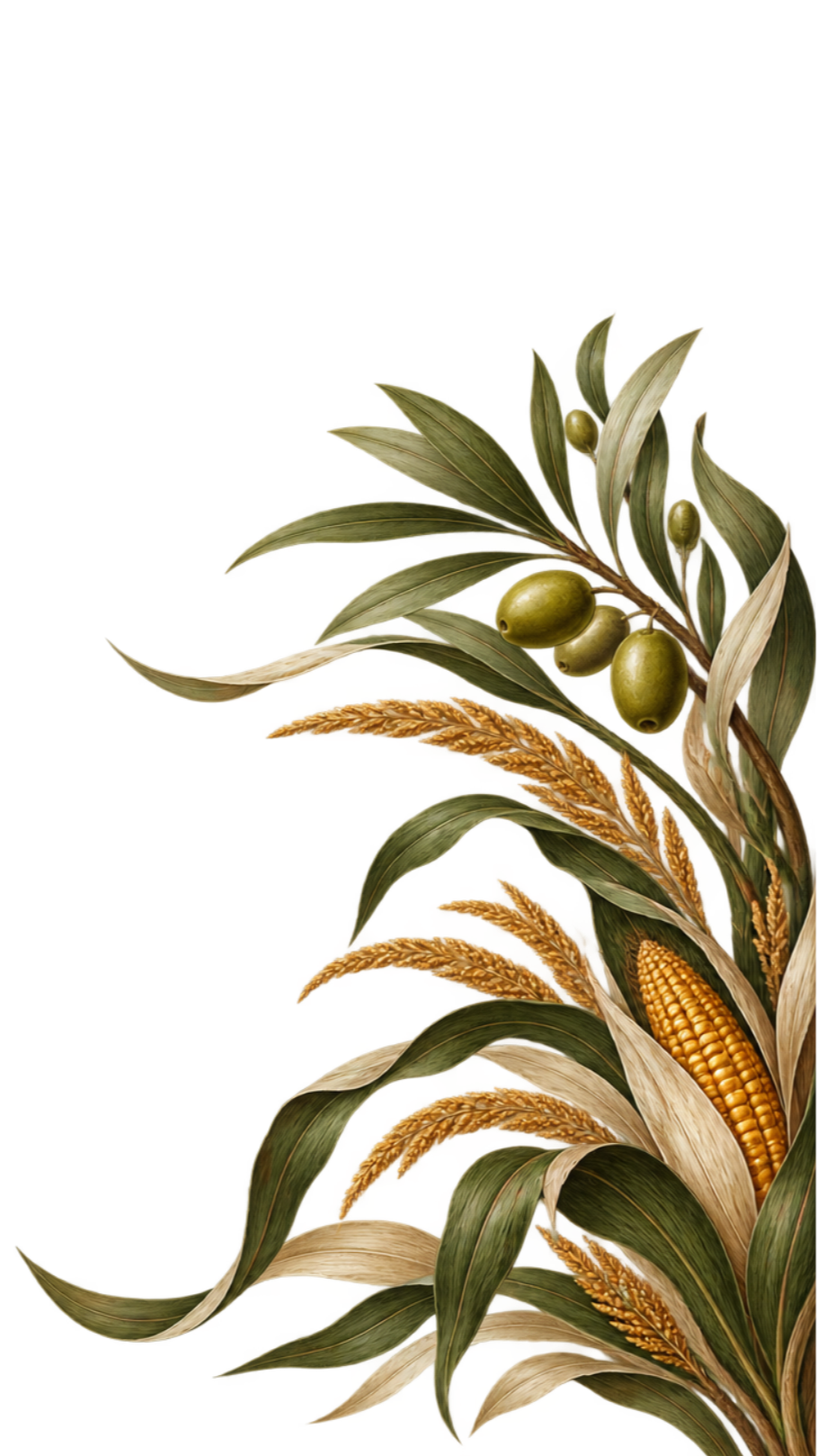 Illustration of an olive branch with green olives, wheat stalks, and corn on the cob.
