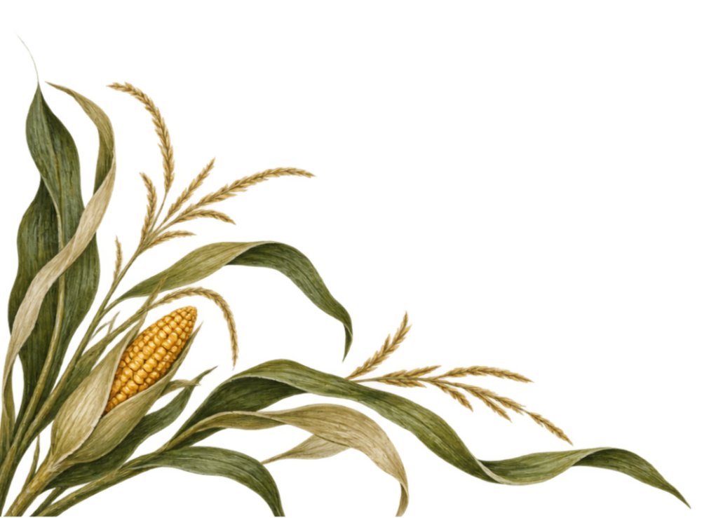 Close-up of dried corn stalks with yellow corn ear among green and brown leaves.