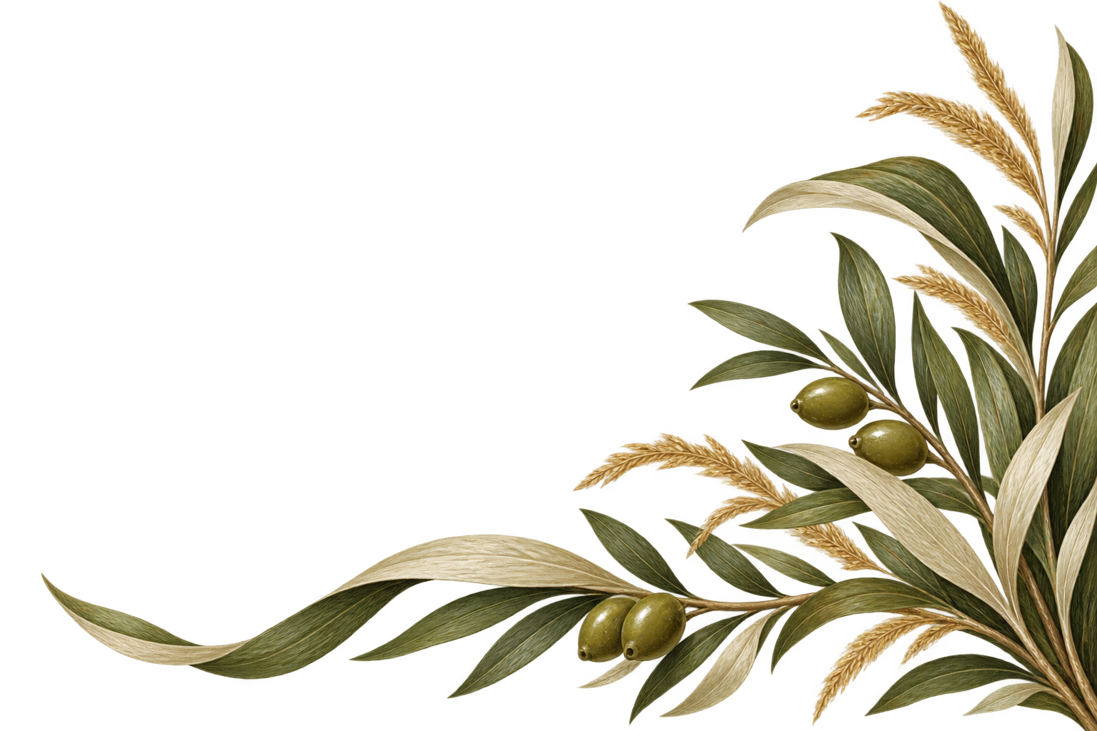 Decorative arrangement of green olives, olive leaves, and wheat stalks on a white background.