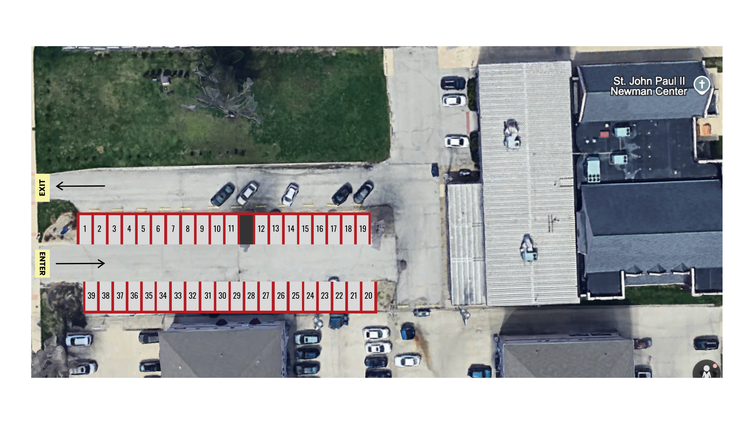 Aerial view of a parking lot with rows of numbered parking spaces, some cars parked along the edges, adjacent to a church labeled 'St. John Paul II Newman Center', with a grassy area and trees nearby.