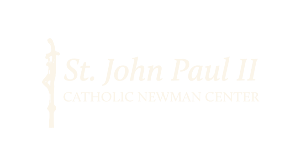 Logo for St. John Paul II Catholic Newman Center with a crucifix on the left and text to the right.