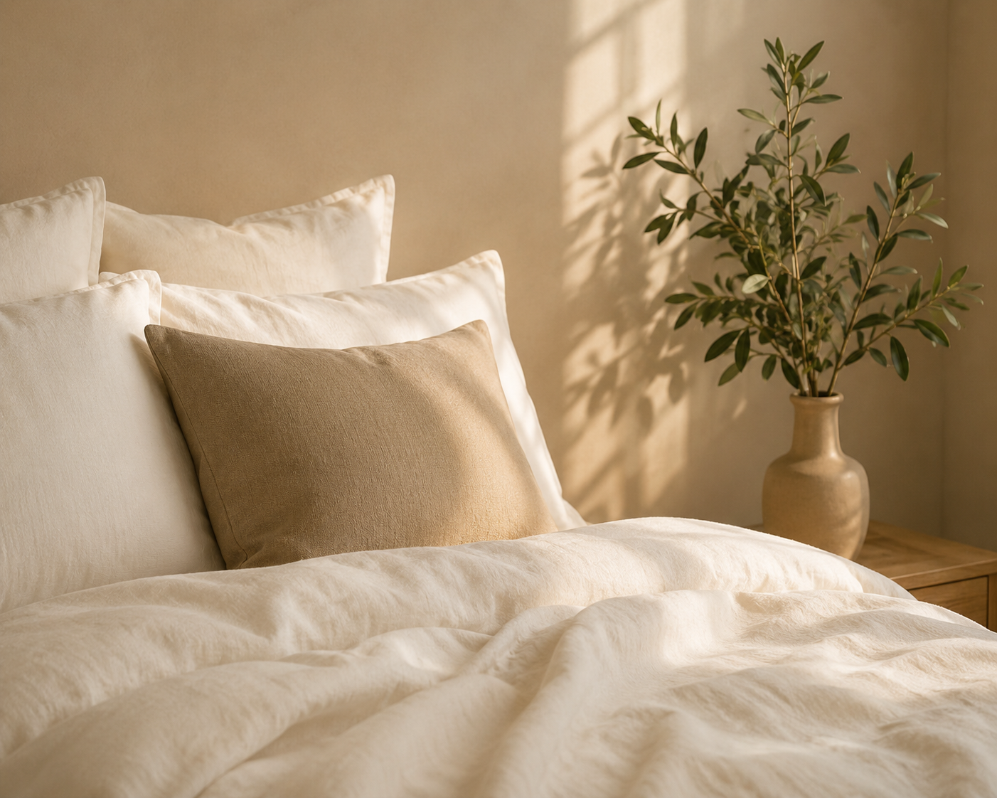 A cozy bedroom with cream-colored bedding and pillows, a beige throw pillow, and a potted plant on a wooden side table, bathed in natural sunlight.