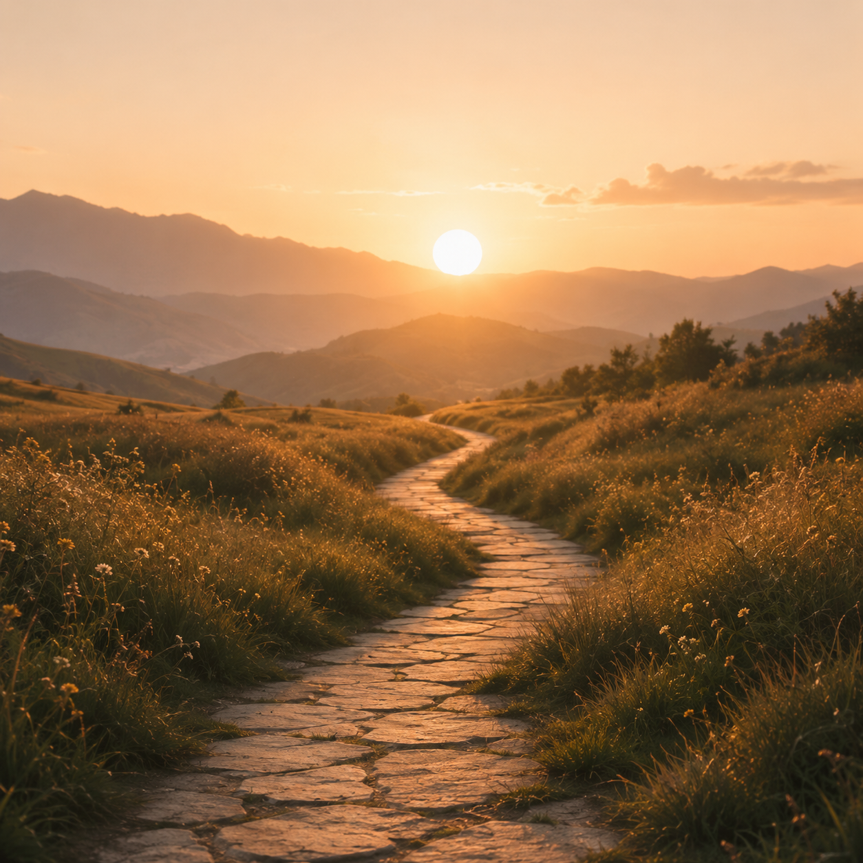 A scenic landscape of a stone path winding through a grassy field at sunset, with mountains in the distance and the sun low on the horizon.