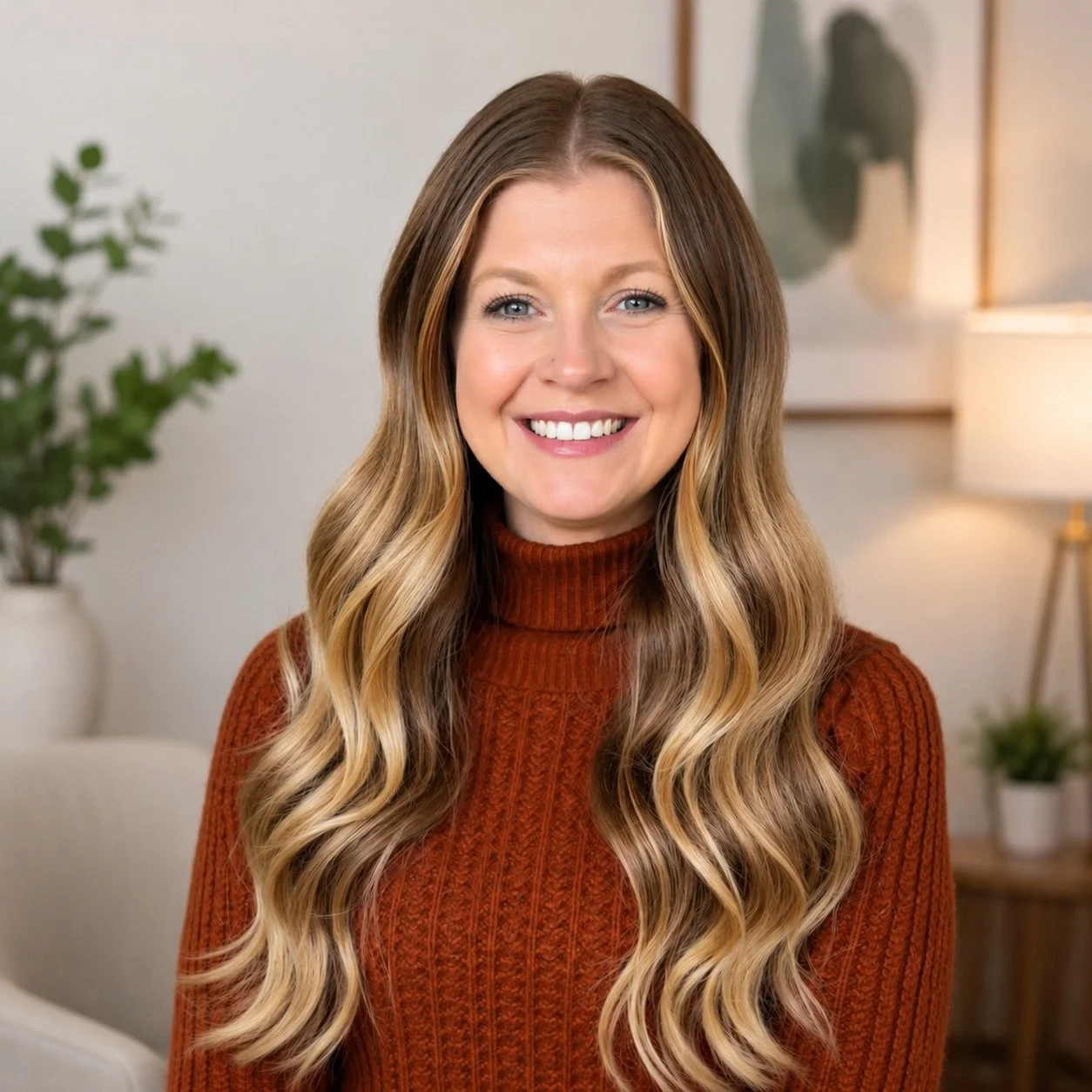 A woman with long, wavy blonde hair wearing a rust-colored turtleneck sweater, smiling in a cozy, well-lit living room with houseplants and a lamp in the background.