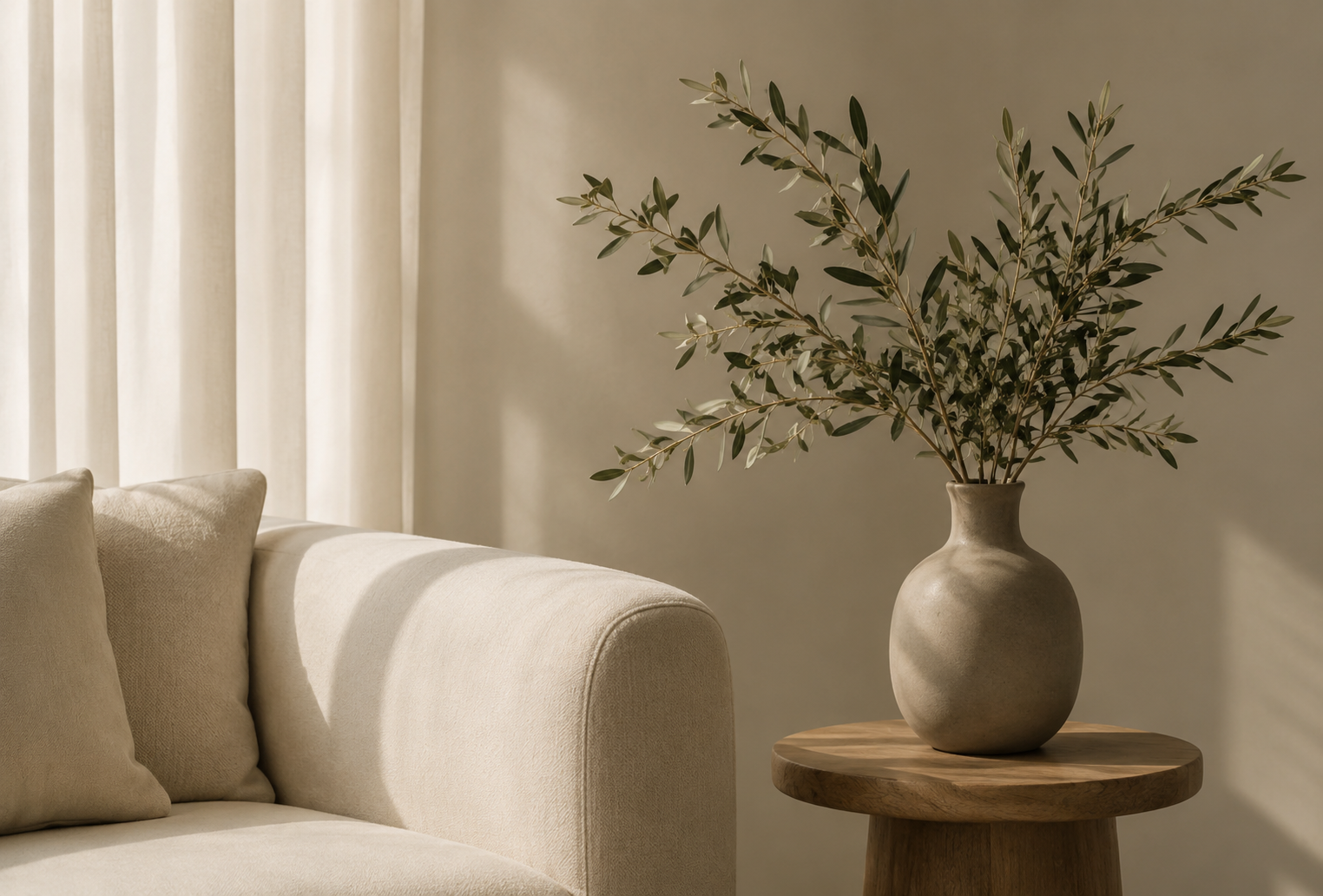 A beige sofa with matching pillows next to a wooden side table holding a large beige vase with green foliage, in front of cream-colored curtains and a light wall.
