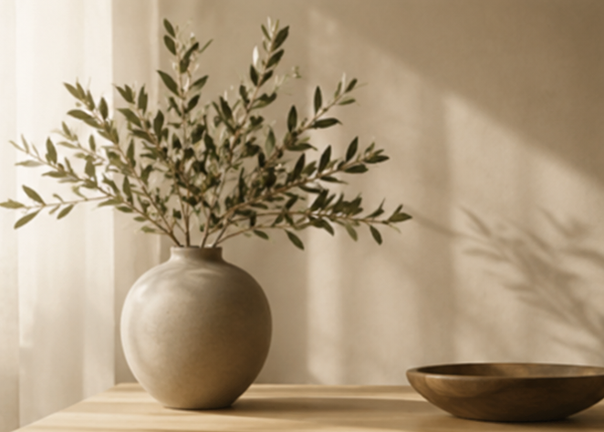 A white vase with green leafy branches on a wooden surface beside a shallow wooden bowl, against a neutral wall background.